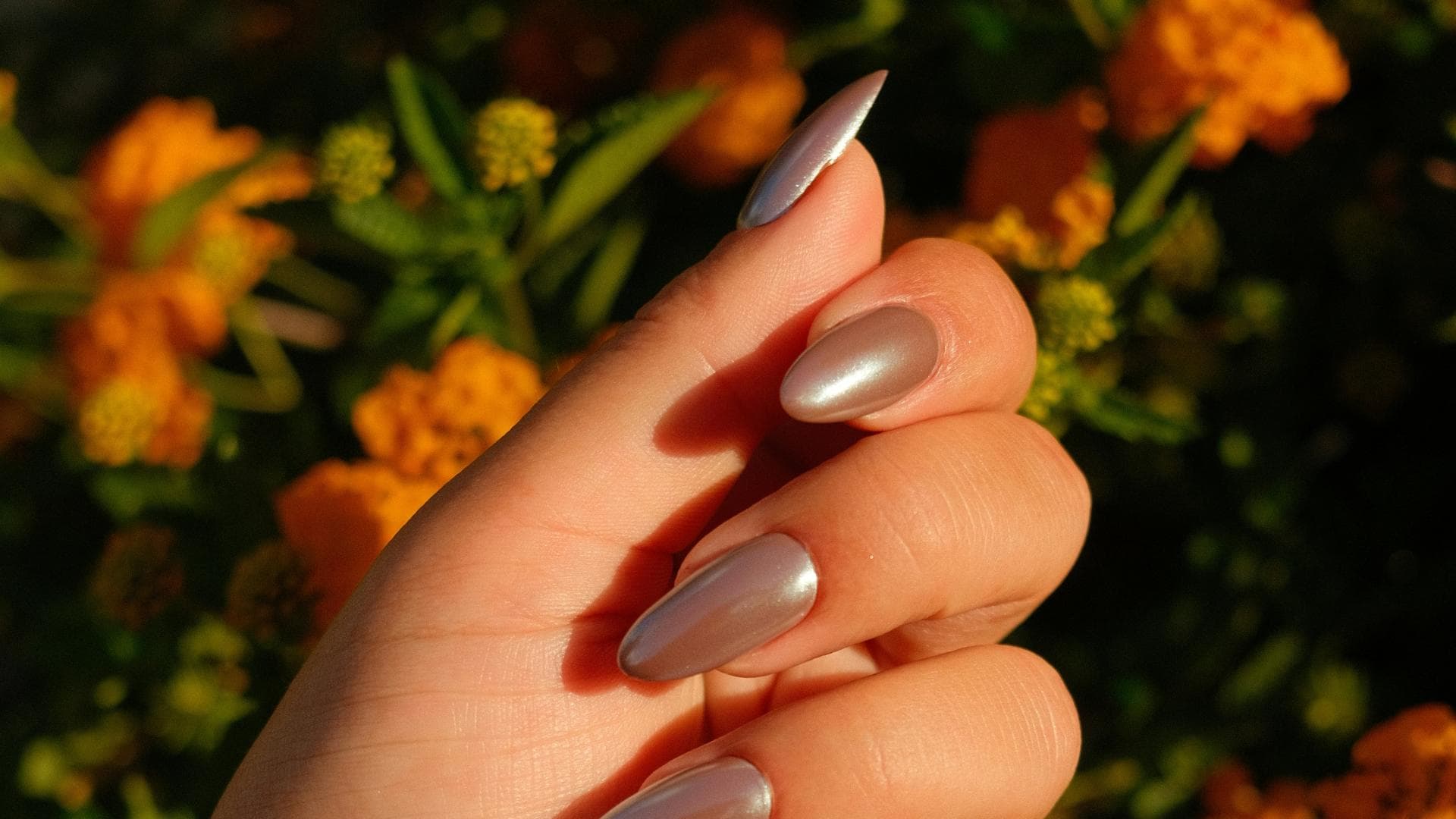 weibliche Hand mit braunem Chrome Nagellack