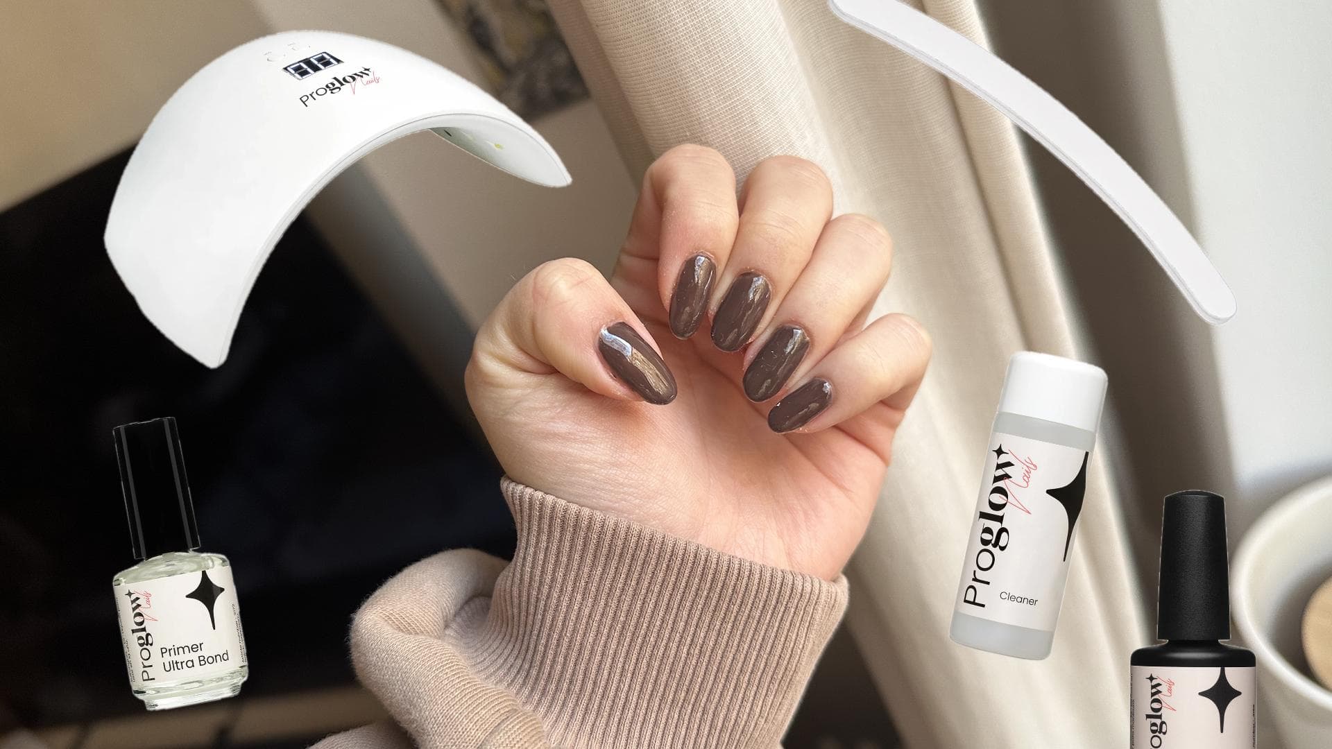 Collage einer Hand mit braunem Nagellack und Freistellern von Nagelprodukten.