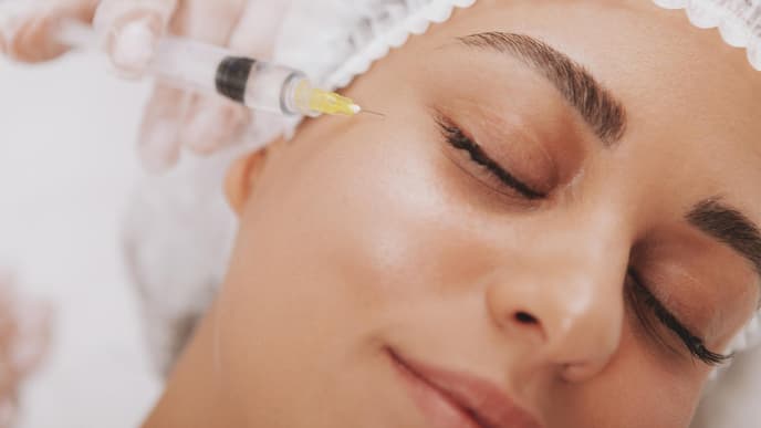 Spritze an Augenringe einer Frau mit geschlossenen Augen