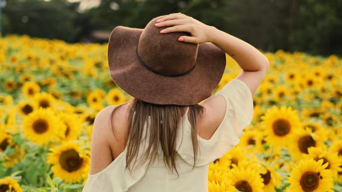 Horoskop Thema: Frau mit Hut im Sonnenblumenfeld