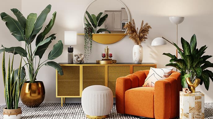 Wohnzimmer mit Sessel, Kommode und Pflanzen