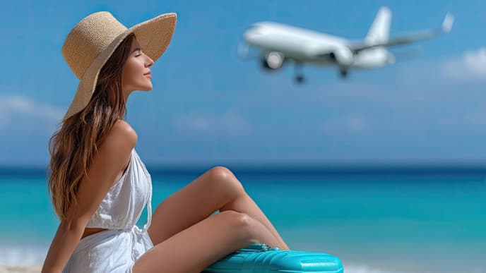 Eine junge Frau sitzt am Strand