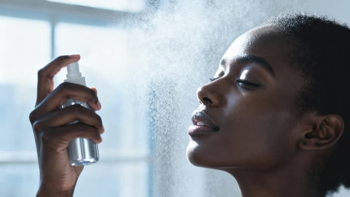 Frau sprüht Face Mist auf