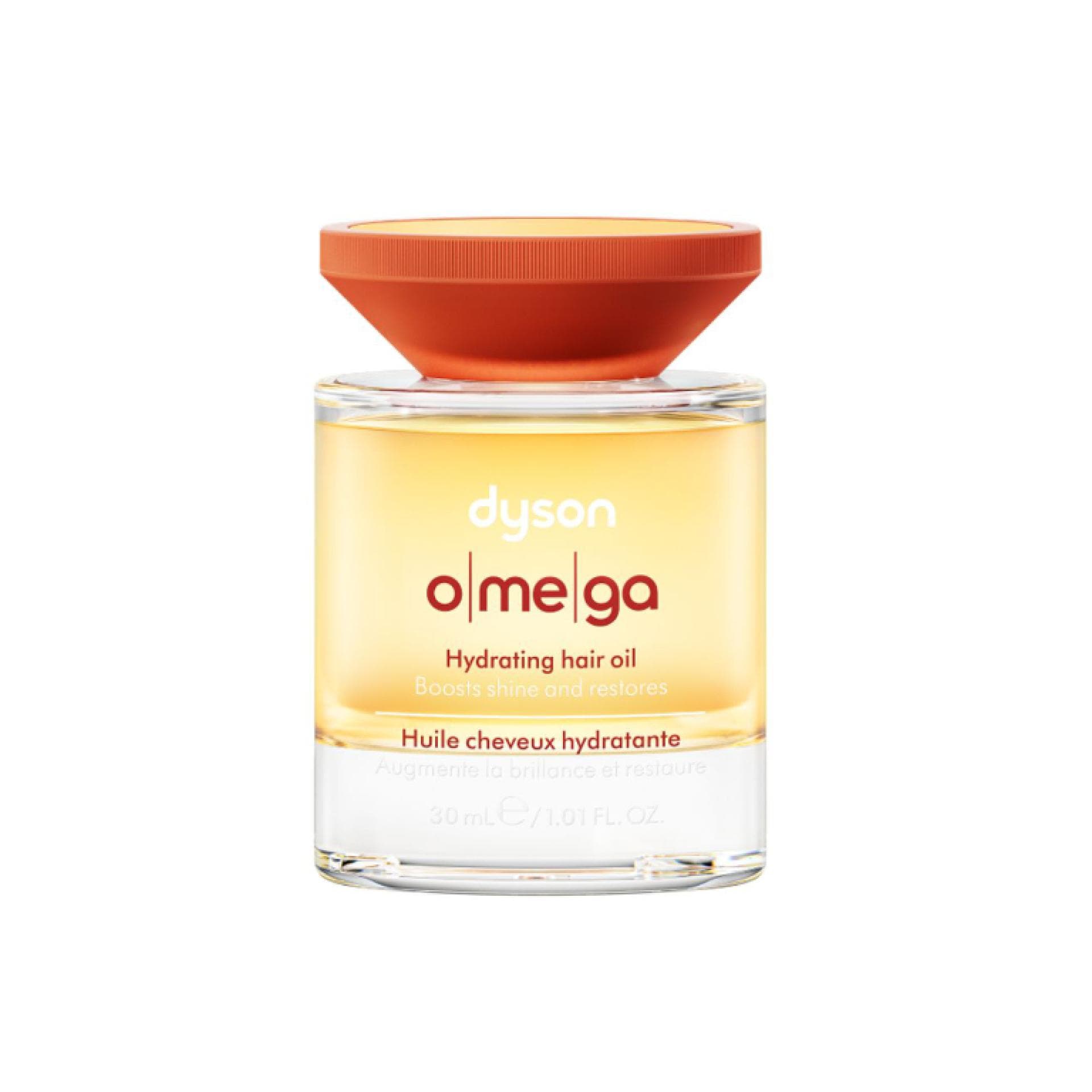 Das Dyson Omega Haaröl nährt die Haare und schenkt Feuchtigkeit. Dyson Omega Haaröl in einer kleinen Glasflasche mit orangenem Deckel.