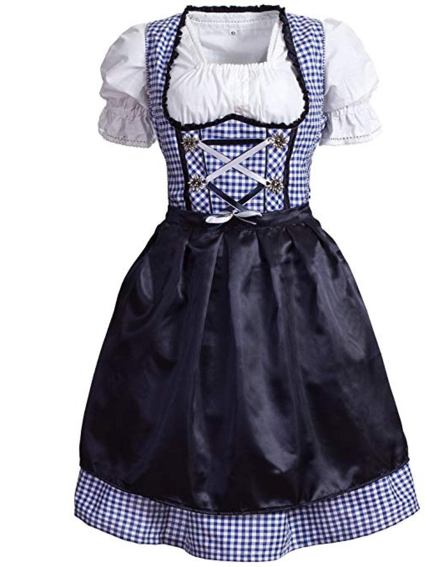 Blau-weiß-kariertes Dirndl mit hohem Ausschnitt