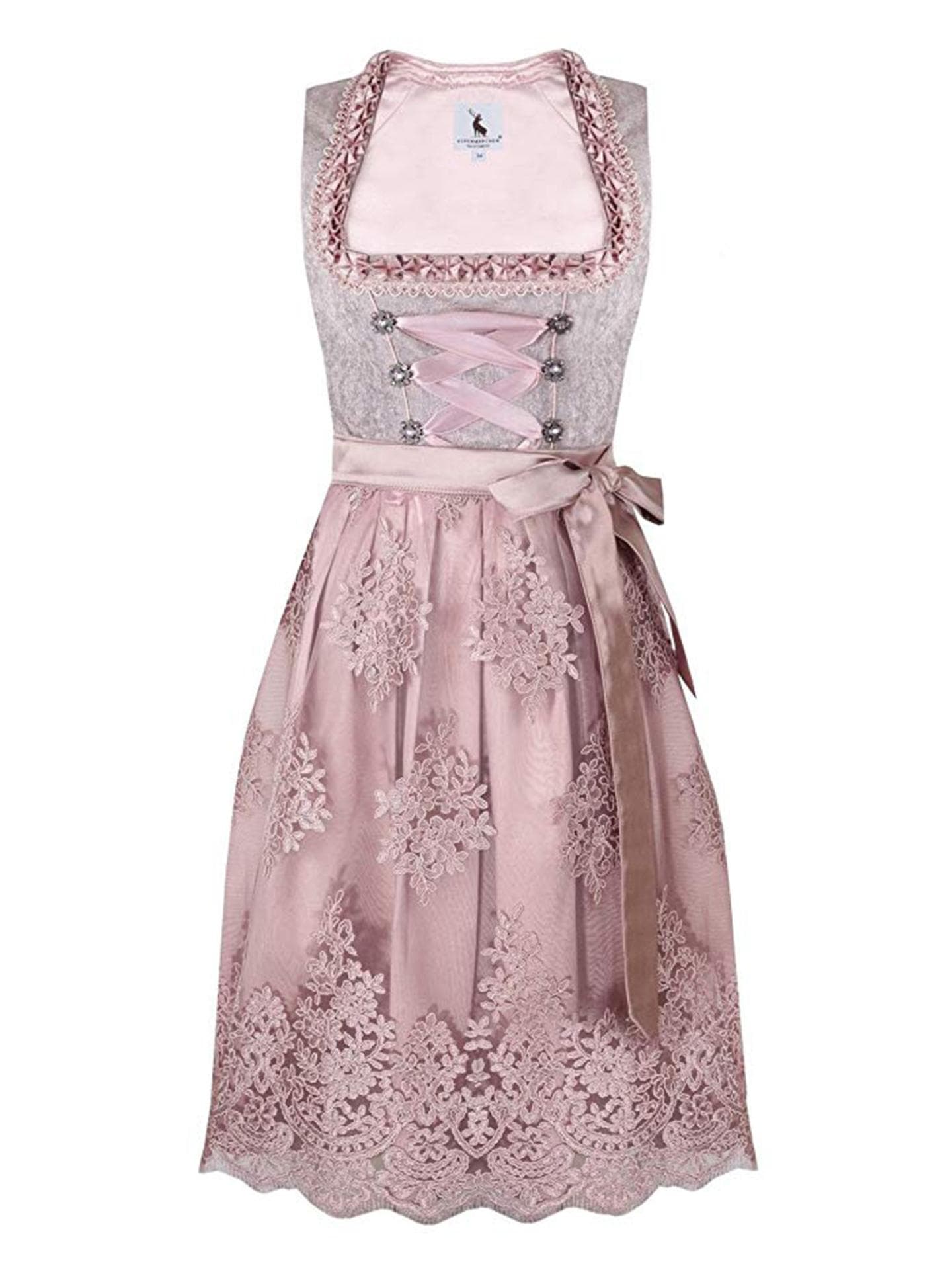 Altrosafarbenes Dirndl mit Spitzenbesatz und Ornamenten