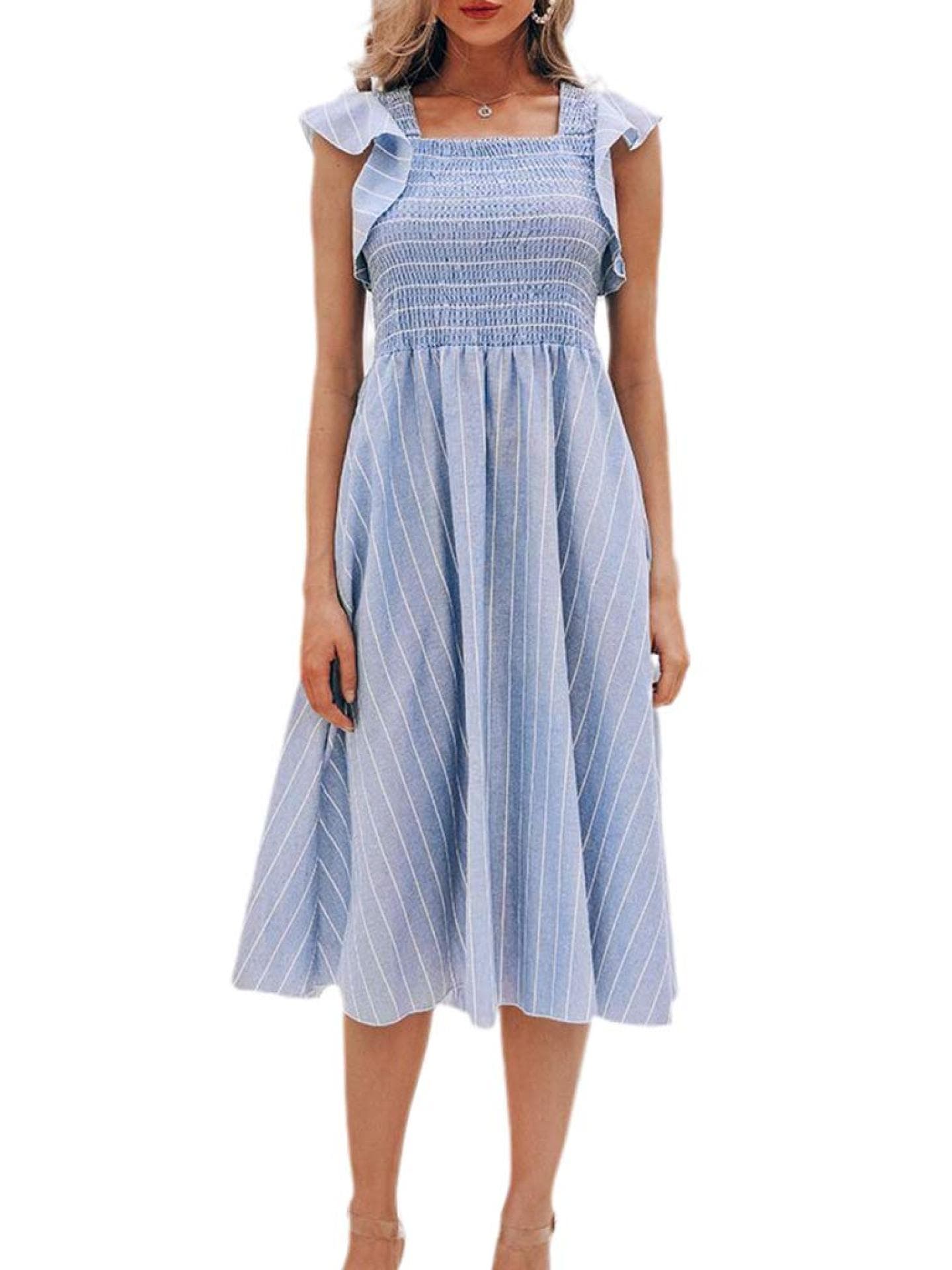Shirred Dress in blau-weiß-gestreift