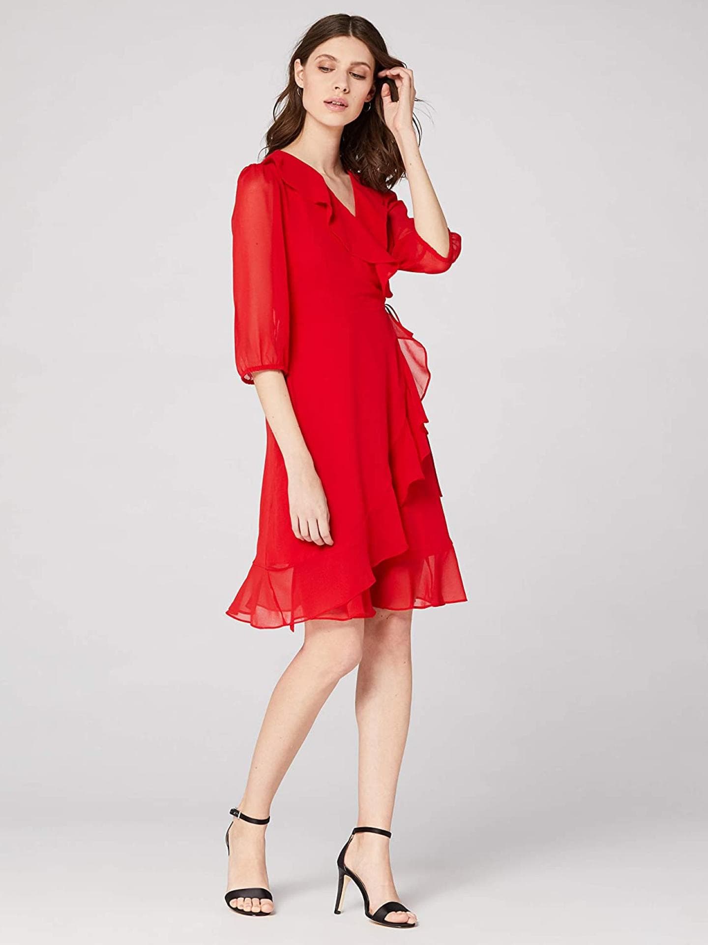 Wickelkleid mit Rüschen und leicht transparenten Ärmeln