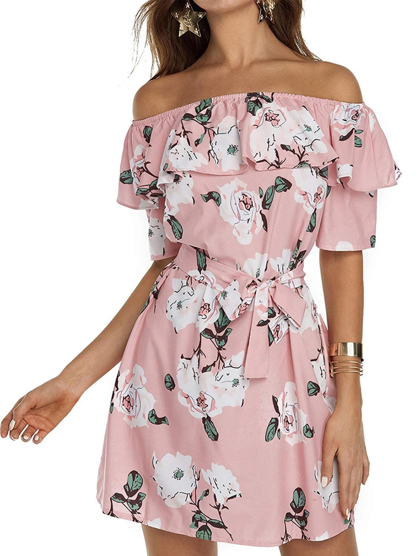 Offshoulder-Blumenkleid mit Taillengürtel