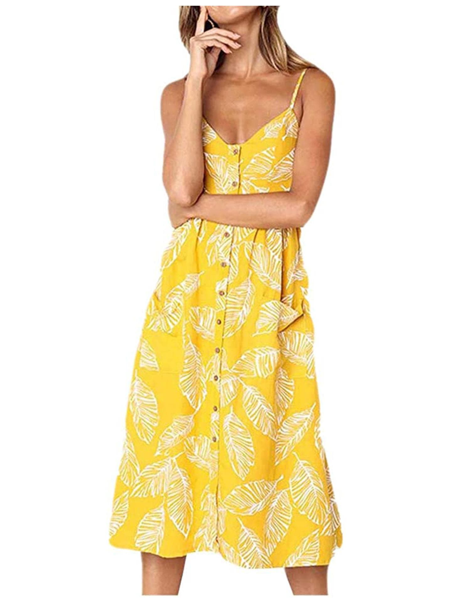 Gelbes Kleid mit Blatt-Print
