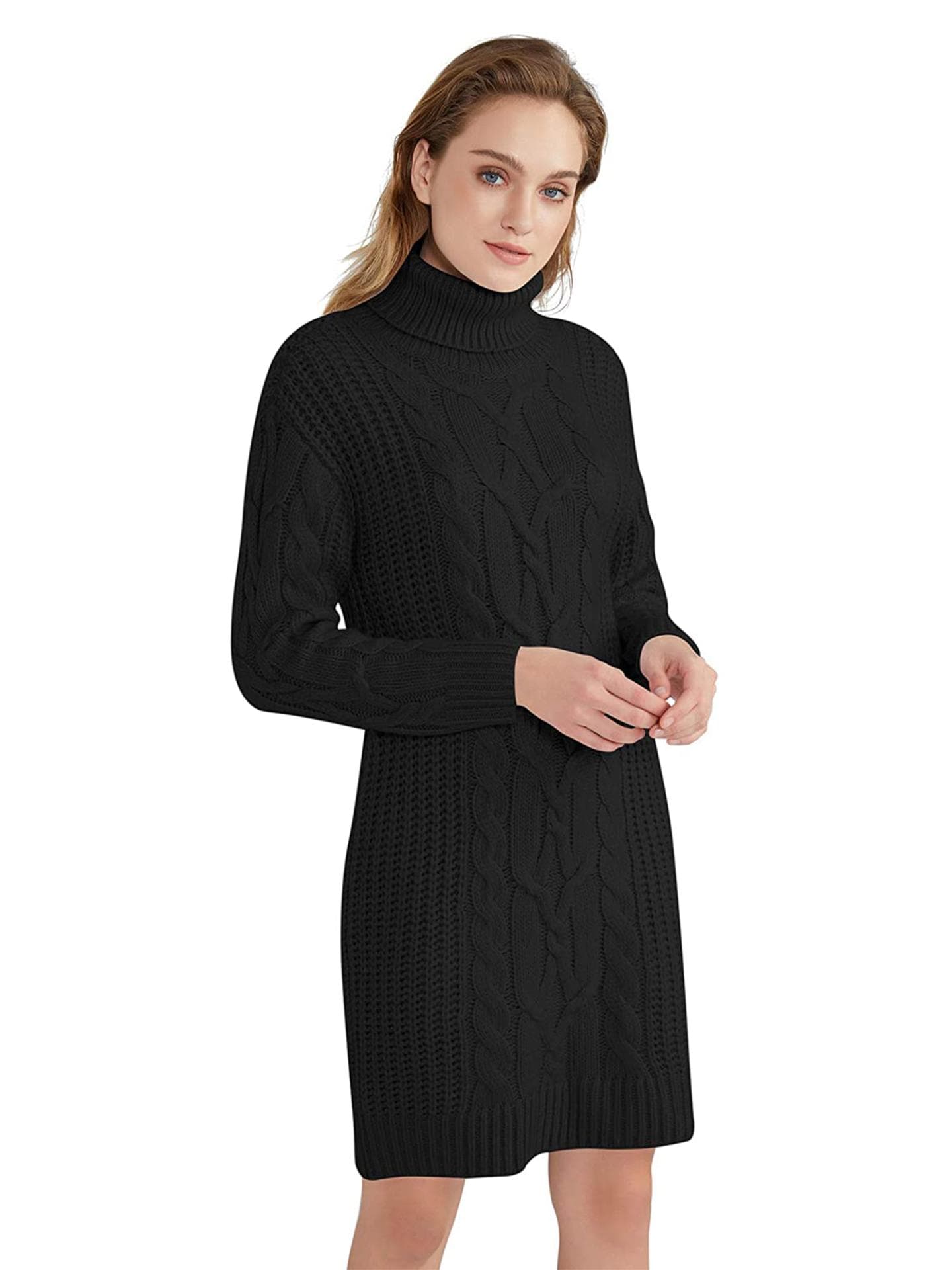 Schlichtes Rollkragenpulloverkleid mit Strickmuster