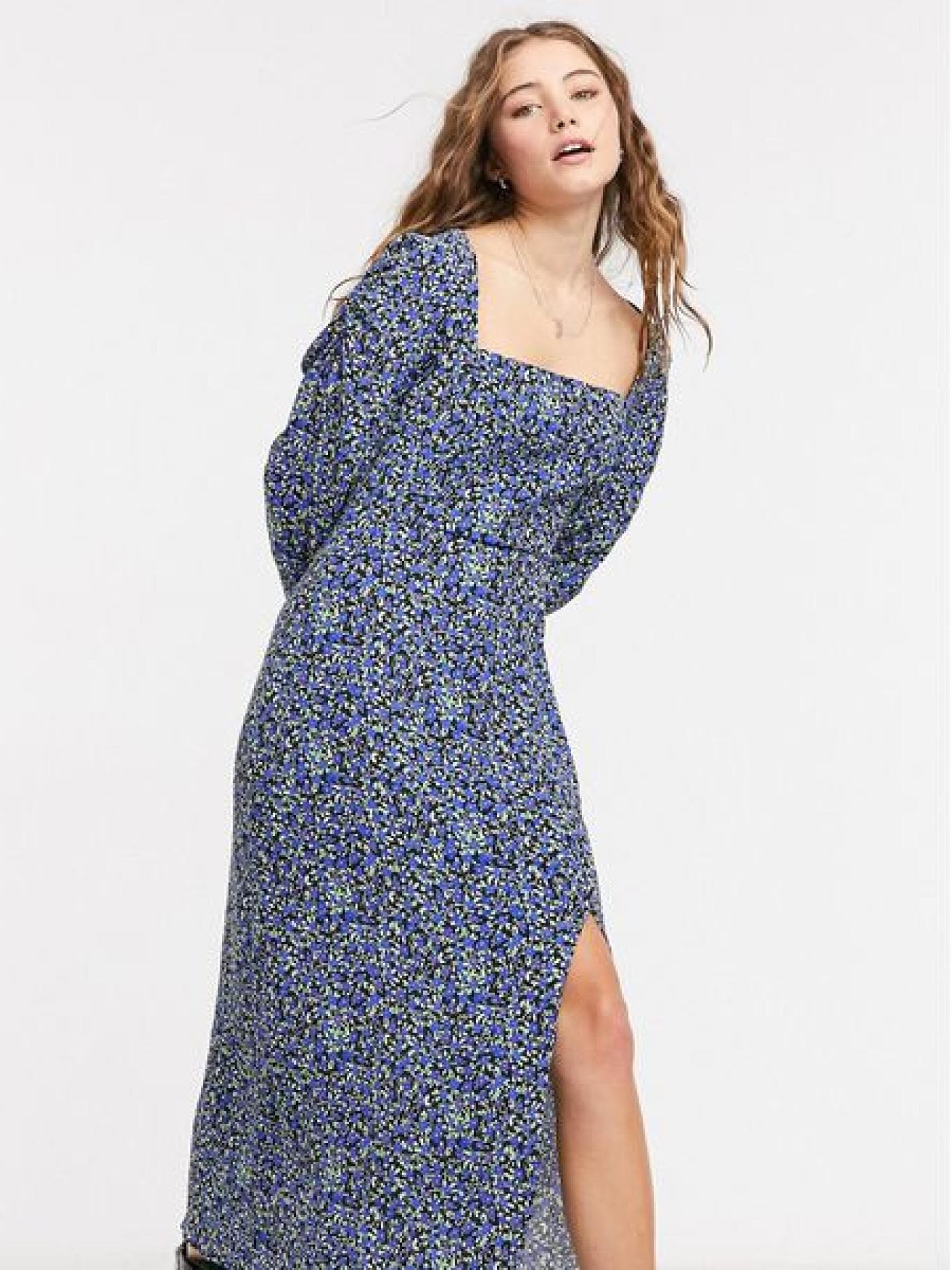 Midikleid mit Blumenmuster und rechteckigem Ausschnitt