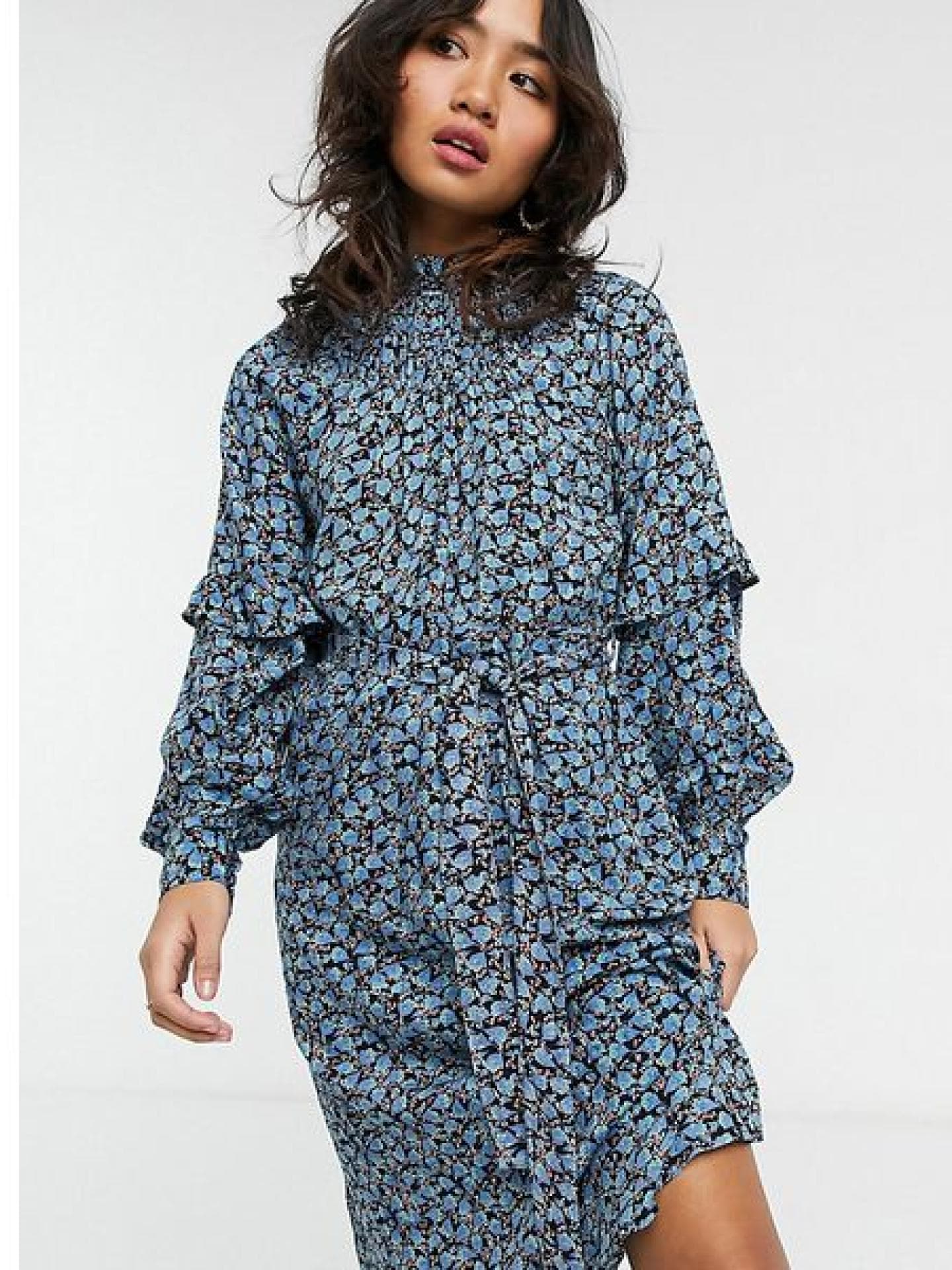 Geblümtes Midikleid mit gerafftem Halsausschnitt und Ärmeldetail