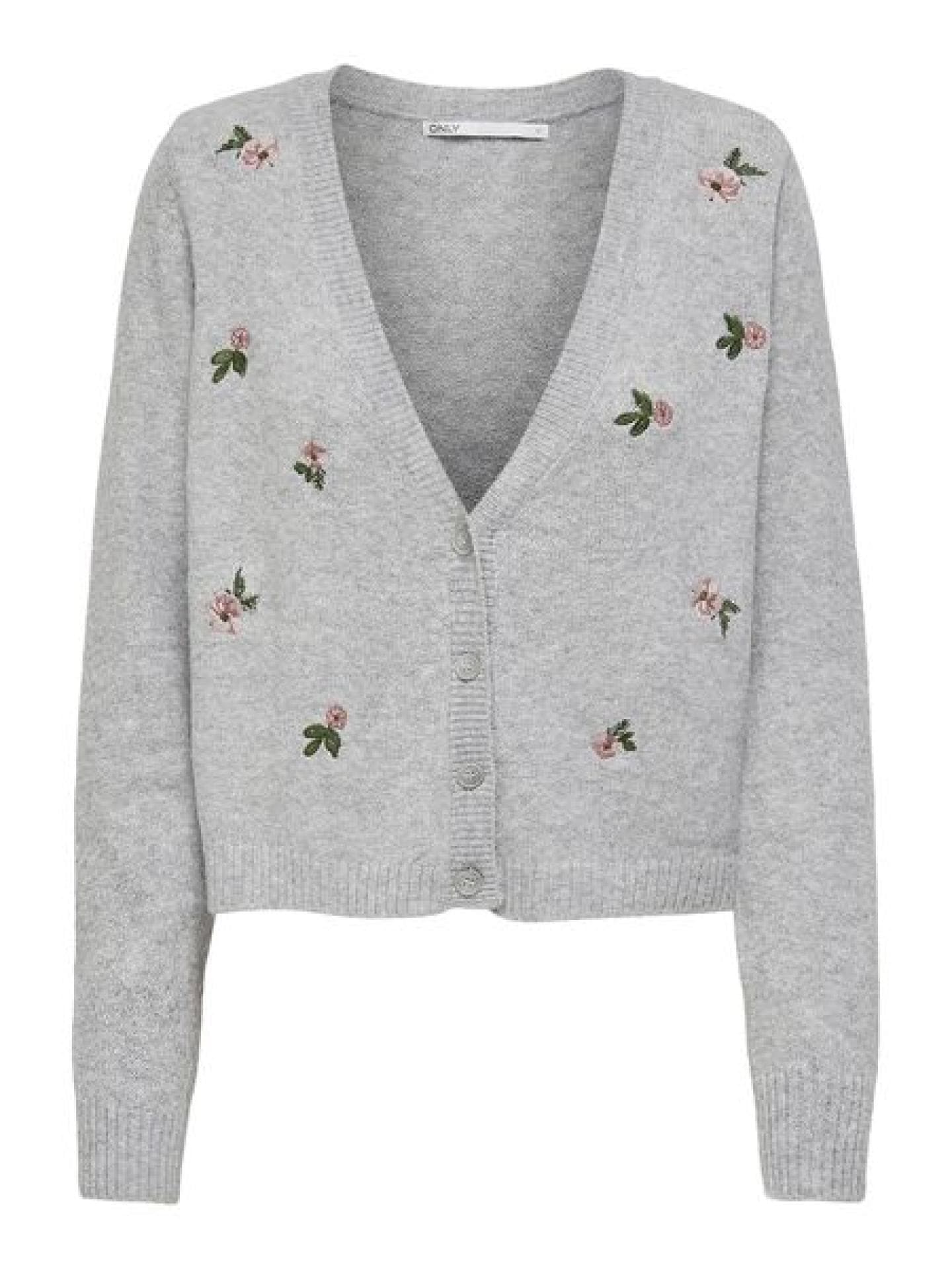 Grauer Cardgian mit Strickblumen
