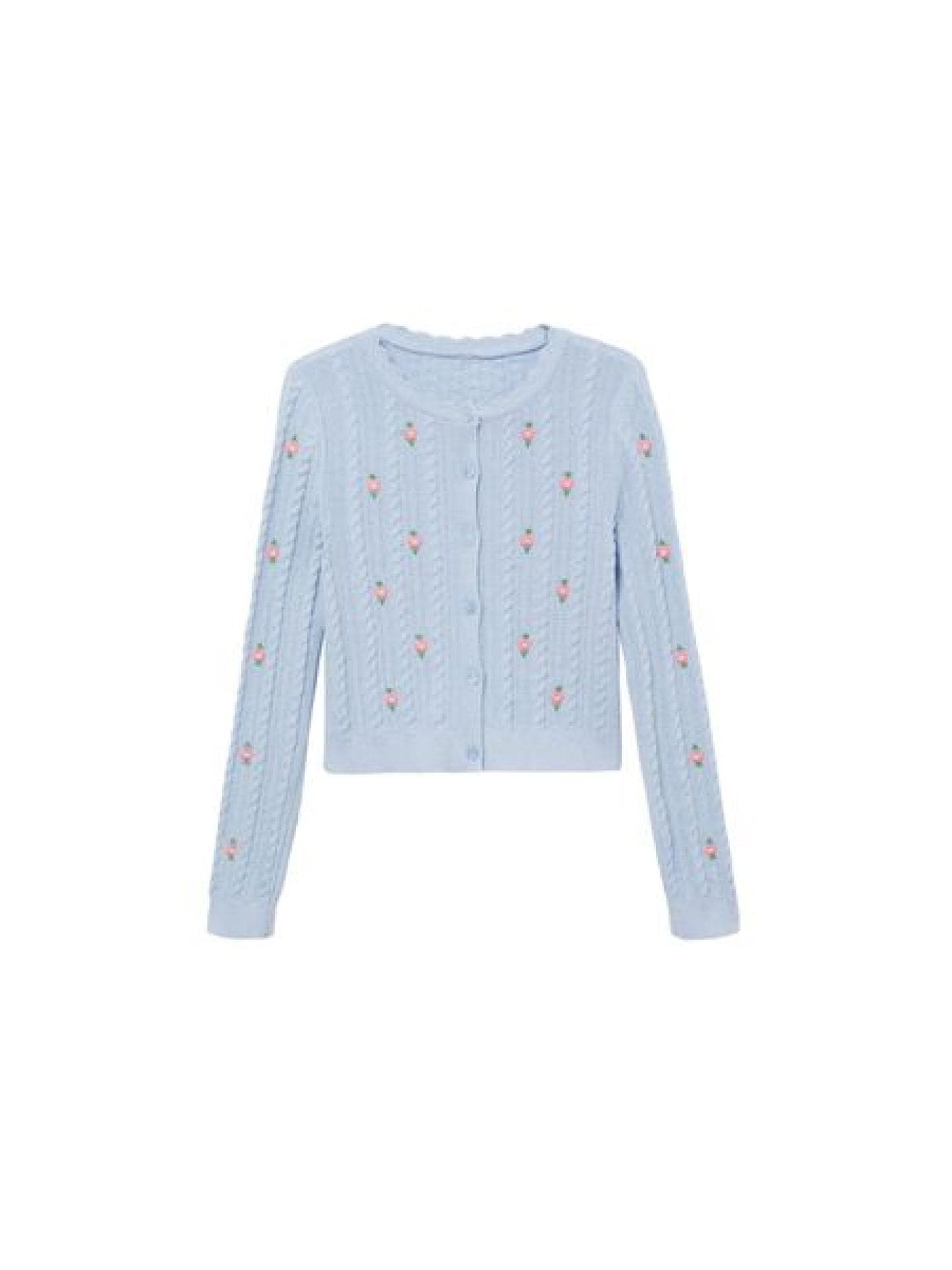Hellblaue Strickjacke mit floralen Details