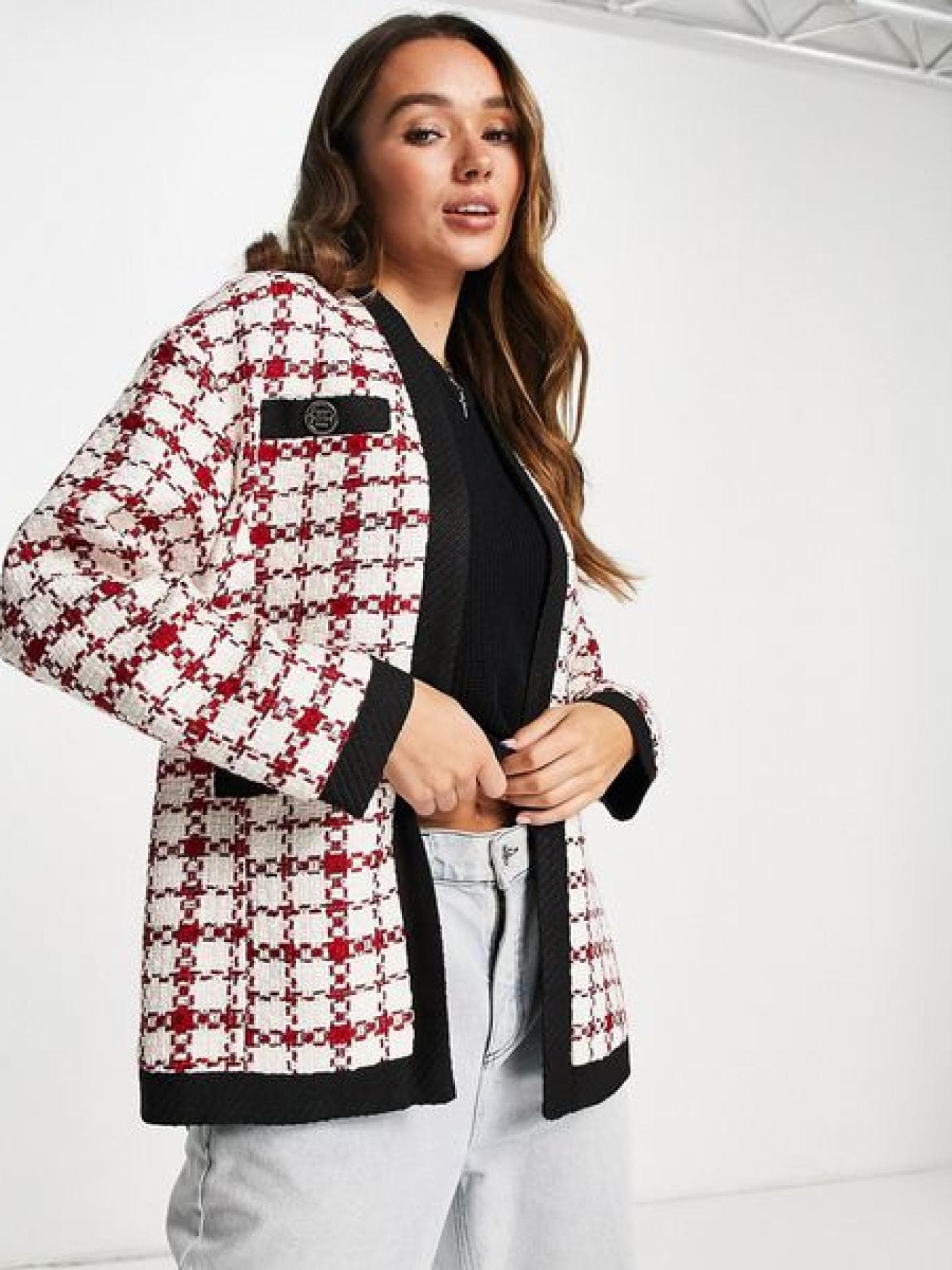 Bouclé-Blazer in Rot kariert
