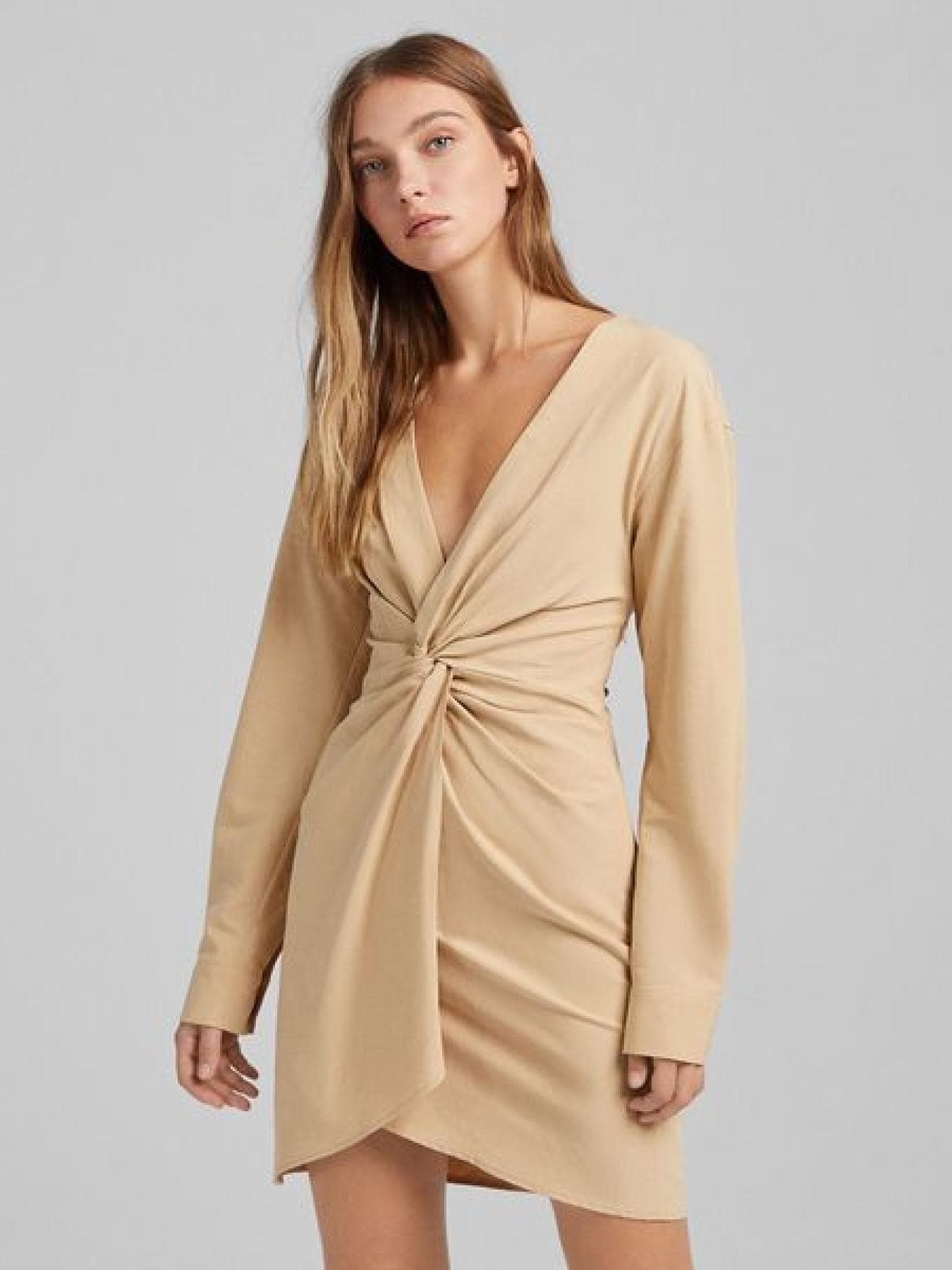 Hemdkleid in Beige mit verdrehter Vorderseite-Neutral