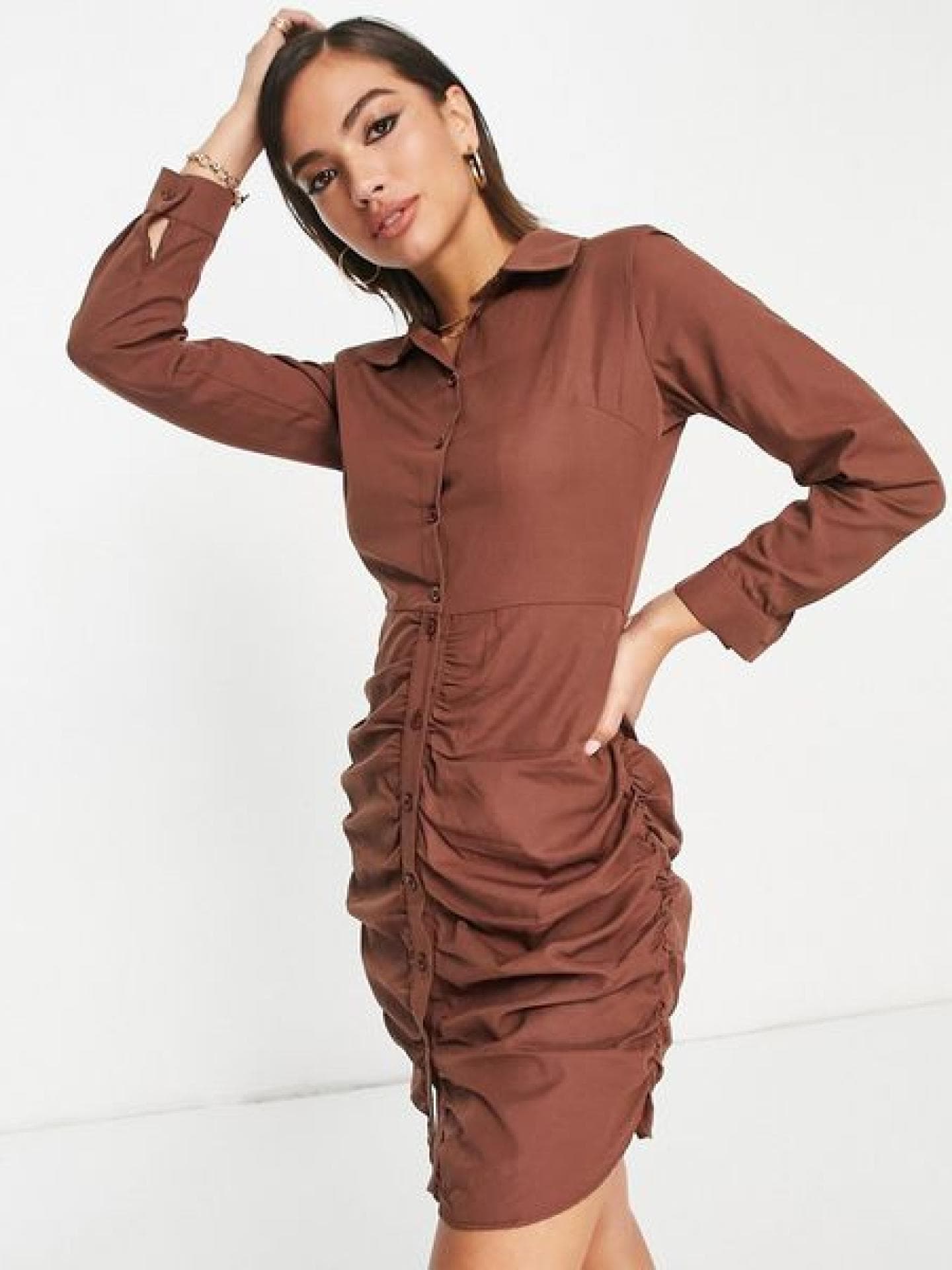 Mini-Hemdkleid in Braun mit Raffung