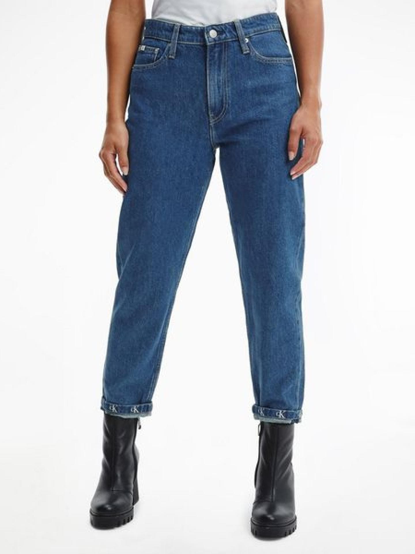 Mom-Jeans in mittlerer Waschung mit umgeschlagenem Saum-Blau