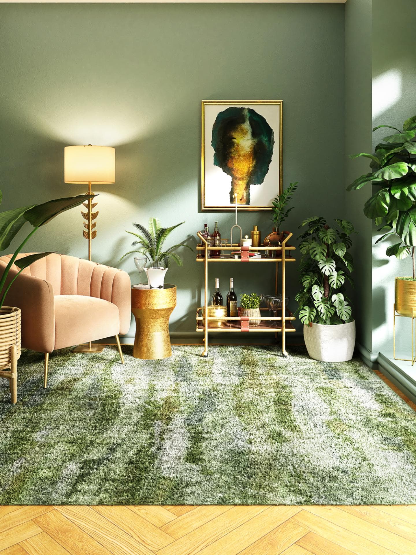 Wohnzimmer grün pink mit Pflanzen und Sessel