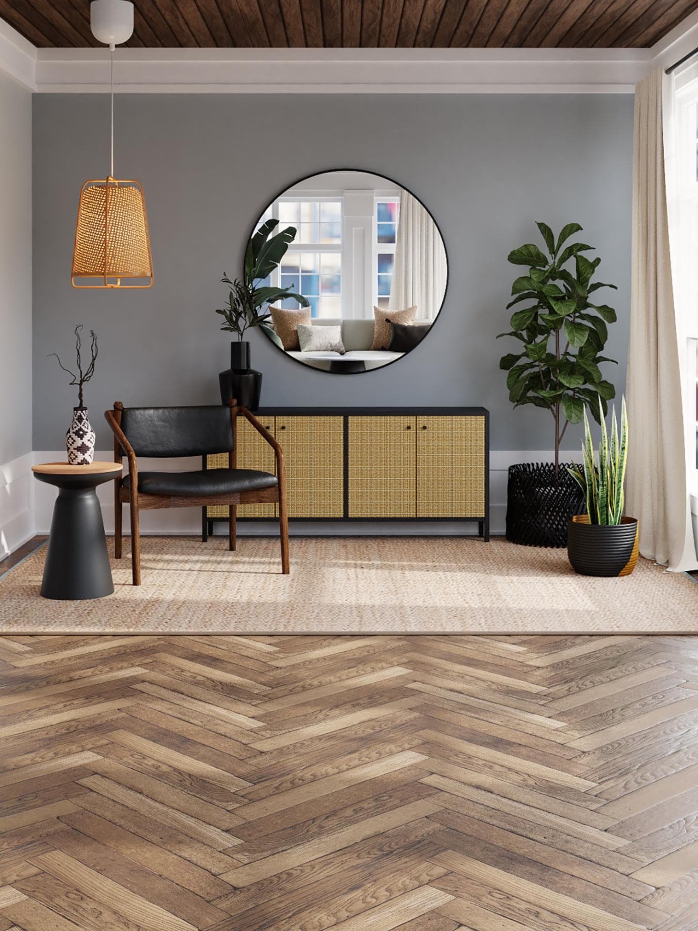Wohnzimmer mit Holz und Schränken und Tisch