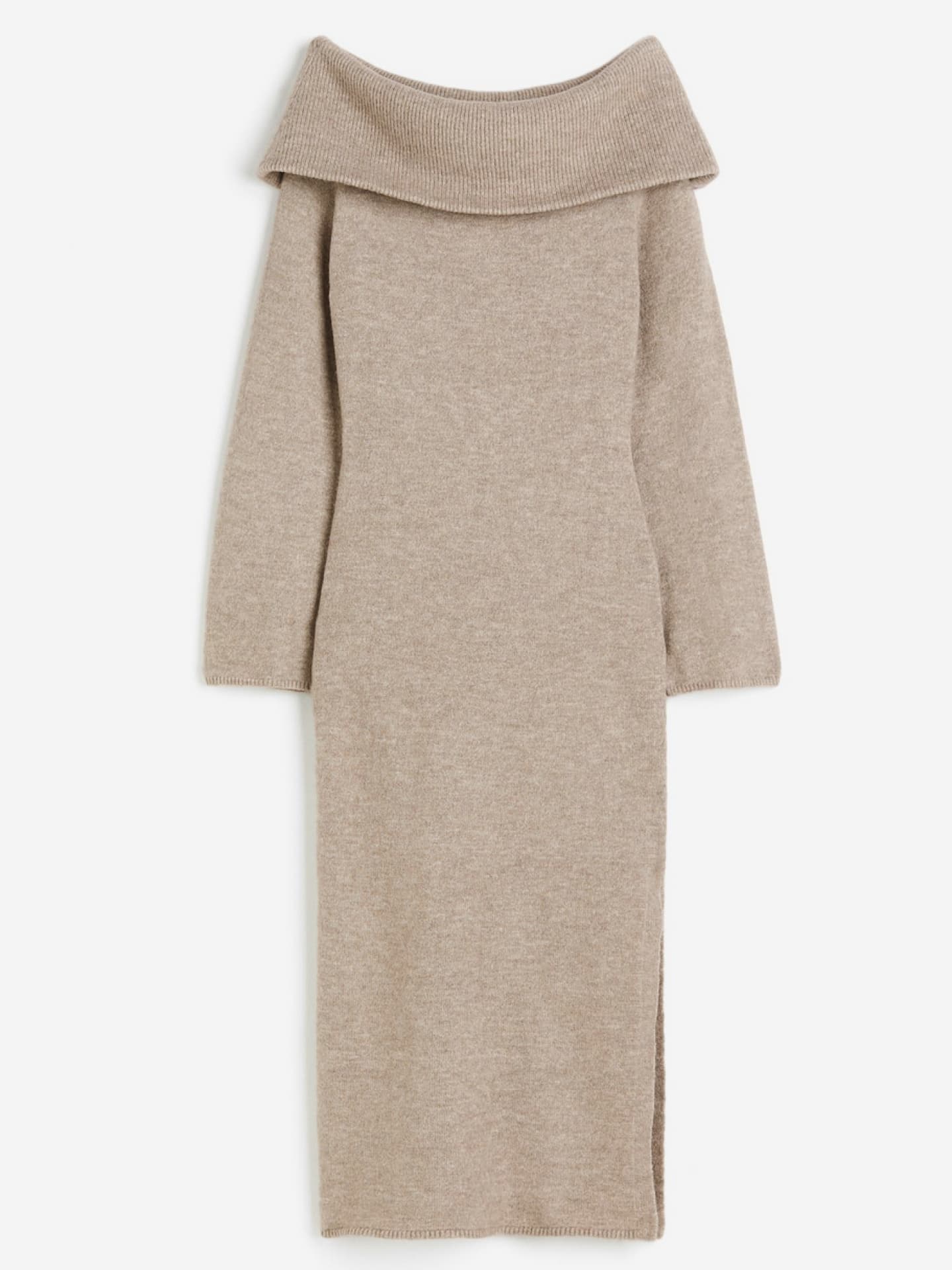 H&M Strickkleid in Beige mit schulterfreier Partie Strickkleid