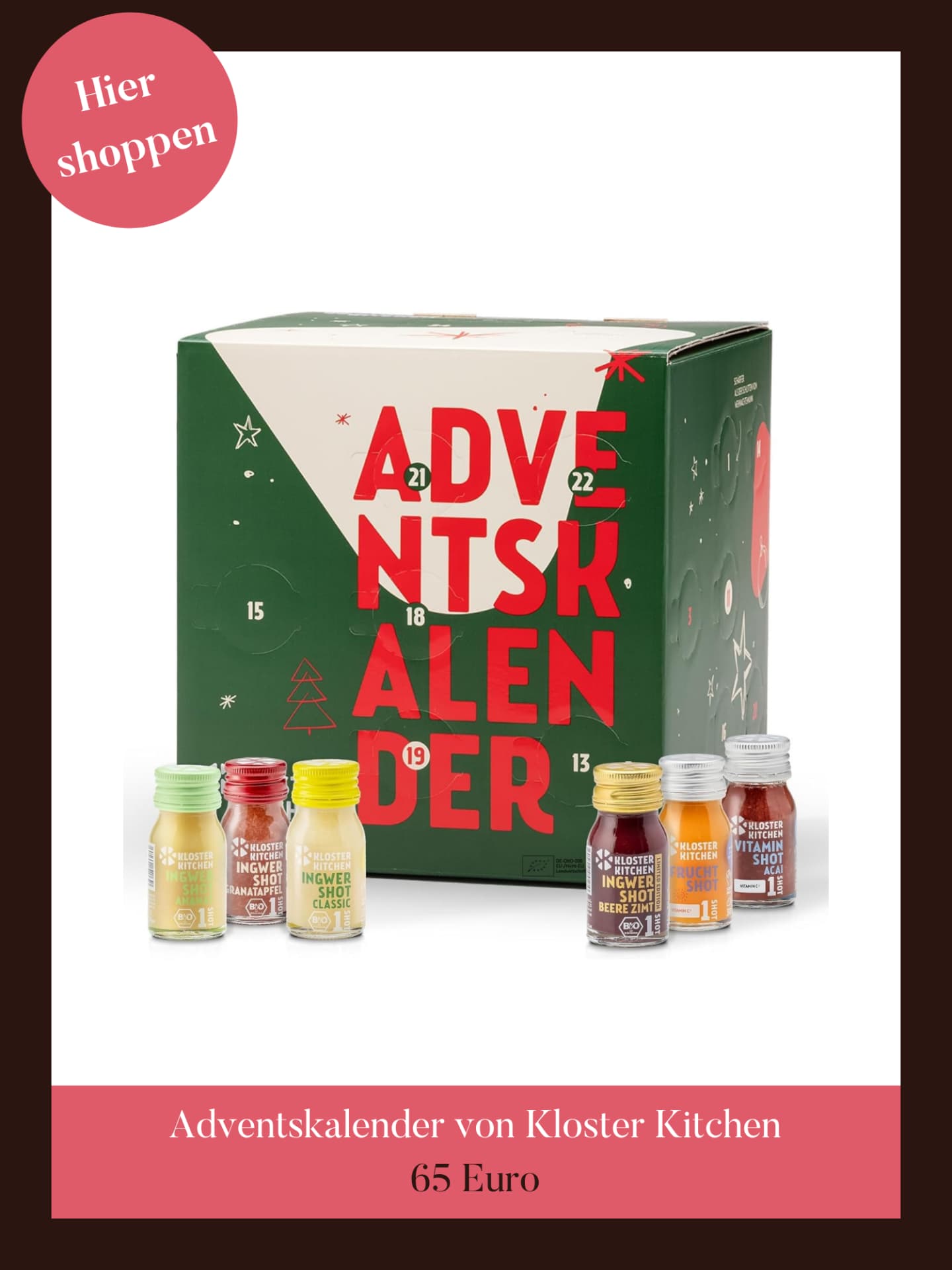 Leckere Ingwershots erwarten dich im Adventskalender von Kloster Kitchen. Adventskalender von Kloster Kitchen
