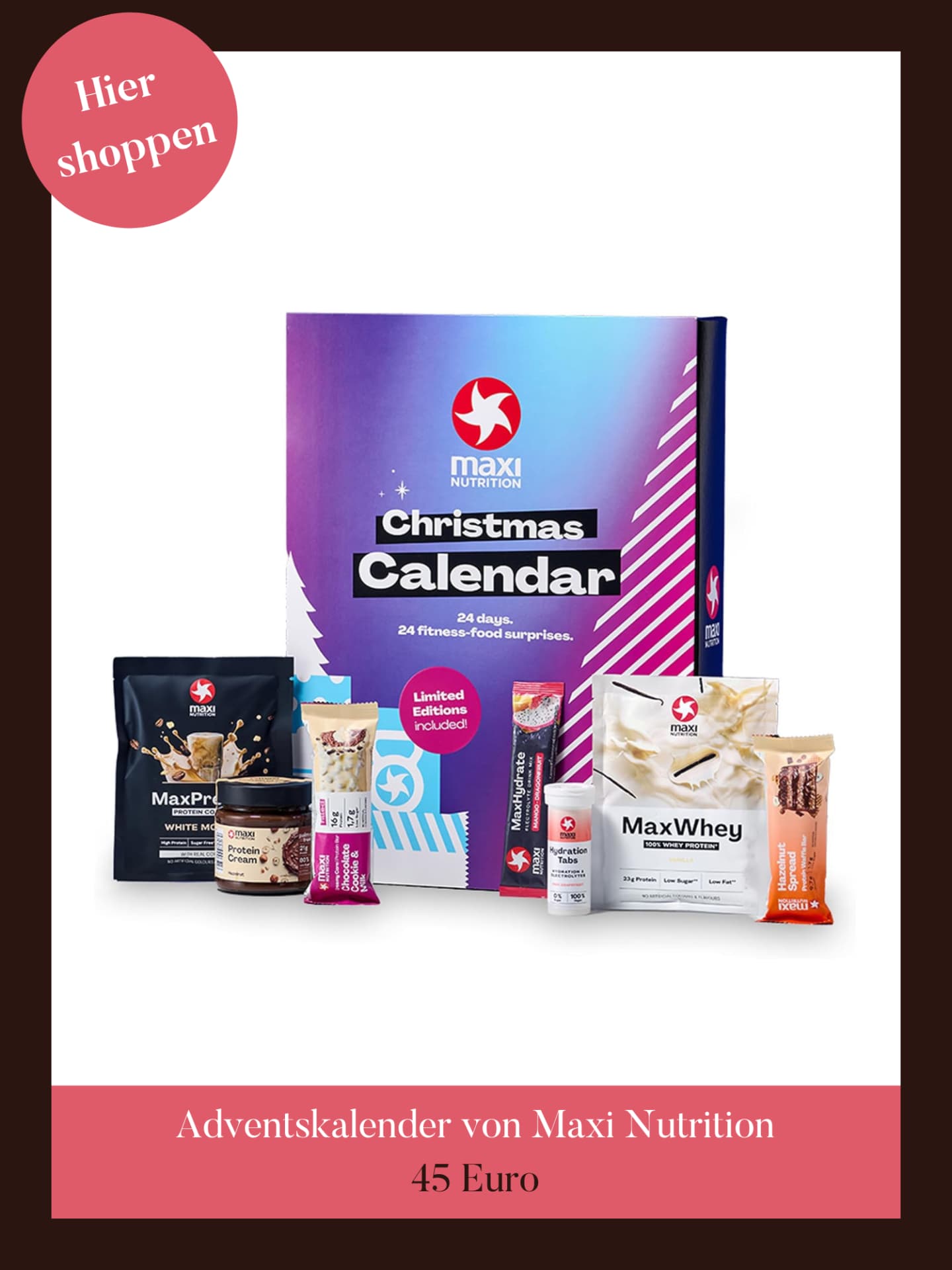 Proteinreiche Snacks warten im Adventskalender von Maxi Nutrition. Adventskalender von Maxi Nutrition