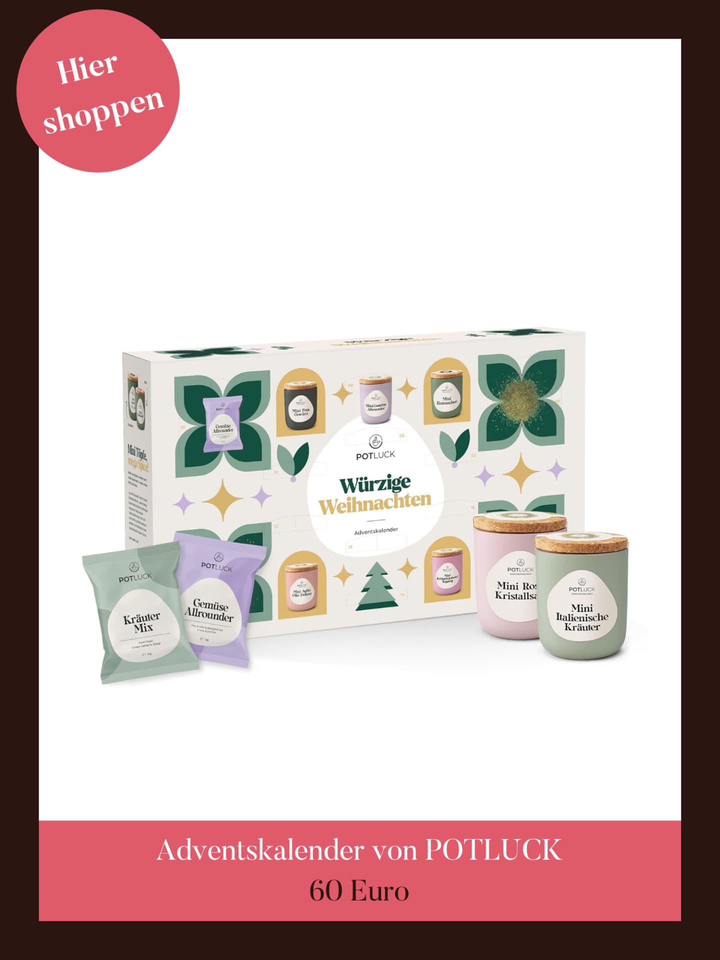 Potluck stellt Gewürze in niedlichen Keramiktöpfen her. Adventskalender von Potluck