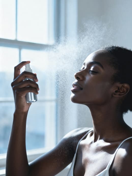 Frau sprüht Face Mist auf