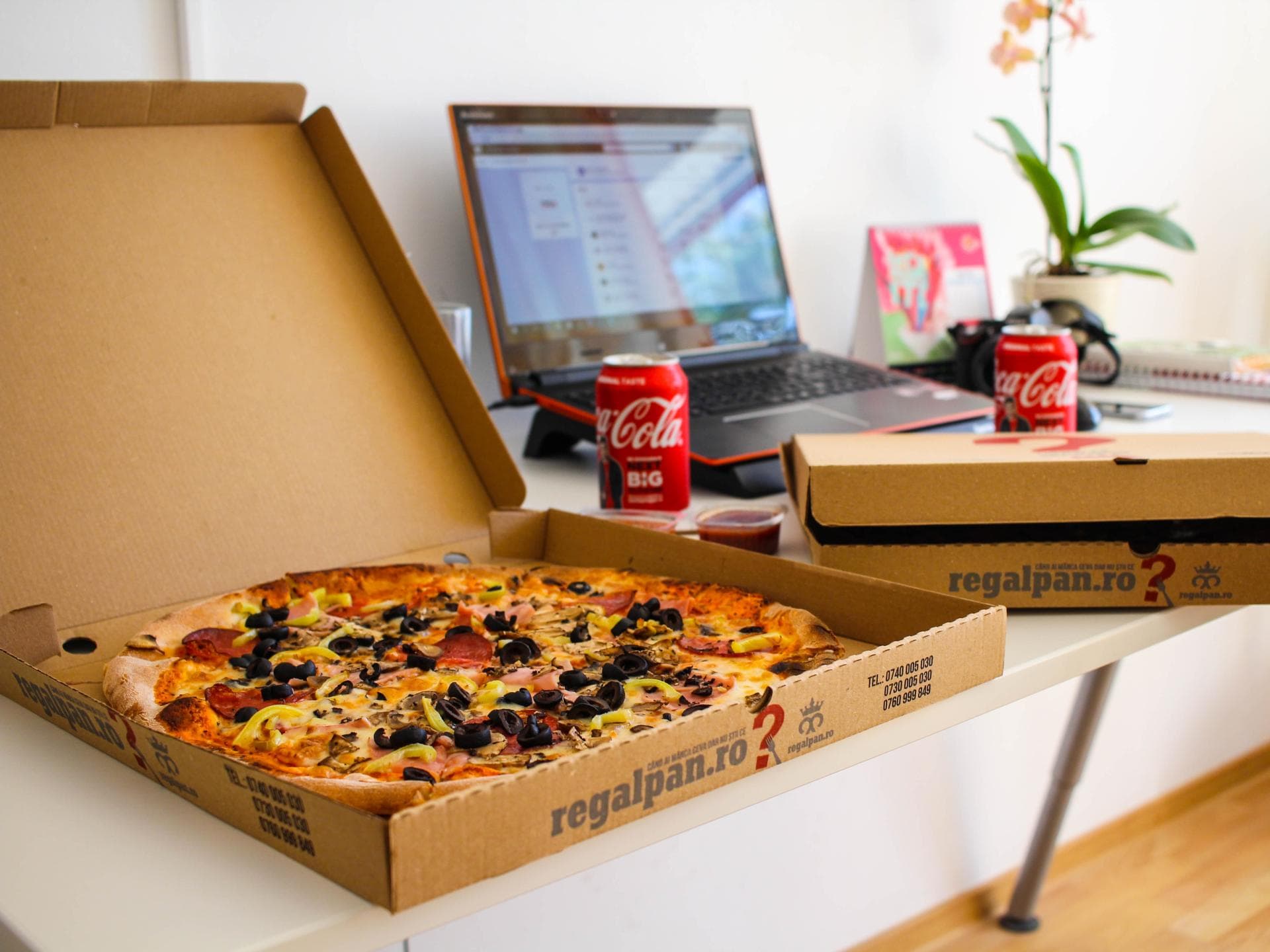 Pizzakartons, Coladosen und Laptop auf einem Schreibtisch Pizzakartons, Coladosen und Laptop auf einem Schreibtisch