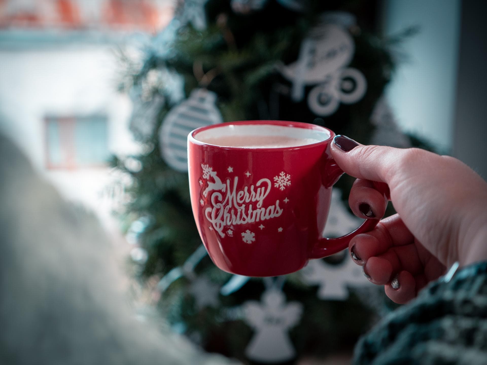 glühwein becher in der hand tannenbaum im hintergrund