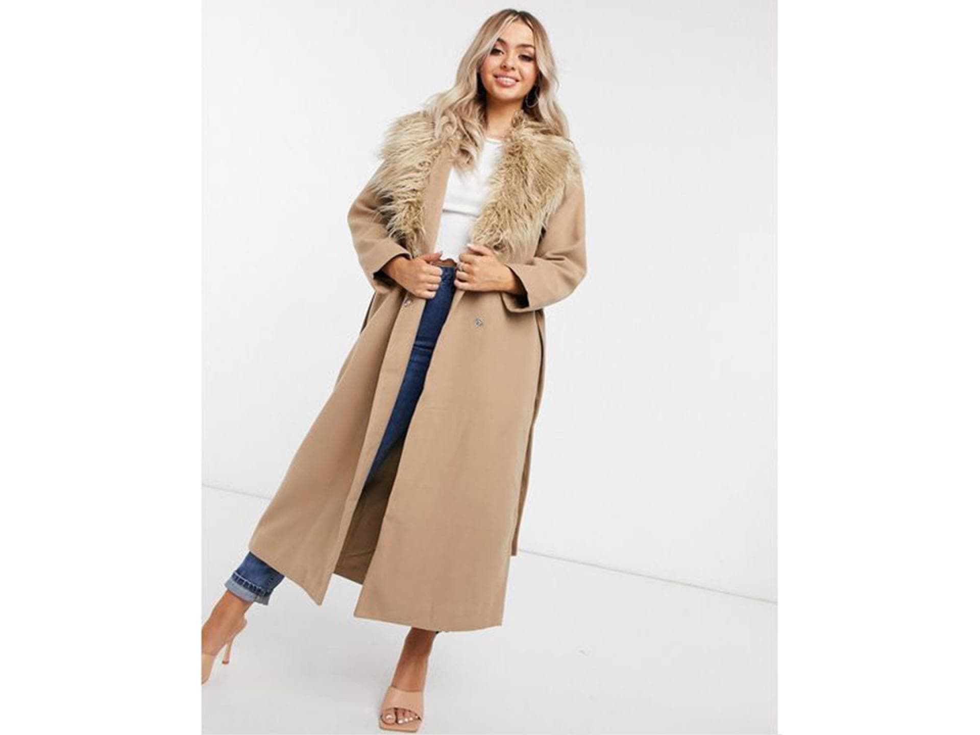 Mantel mit Kunstpelzkragen in Camel-Neutral