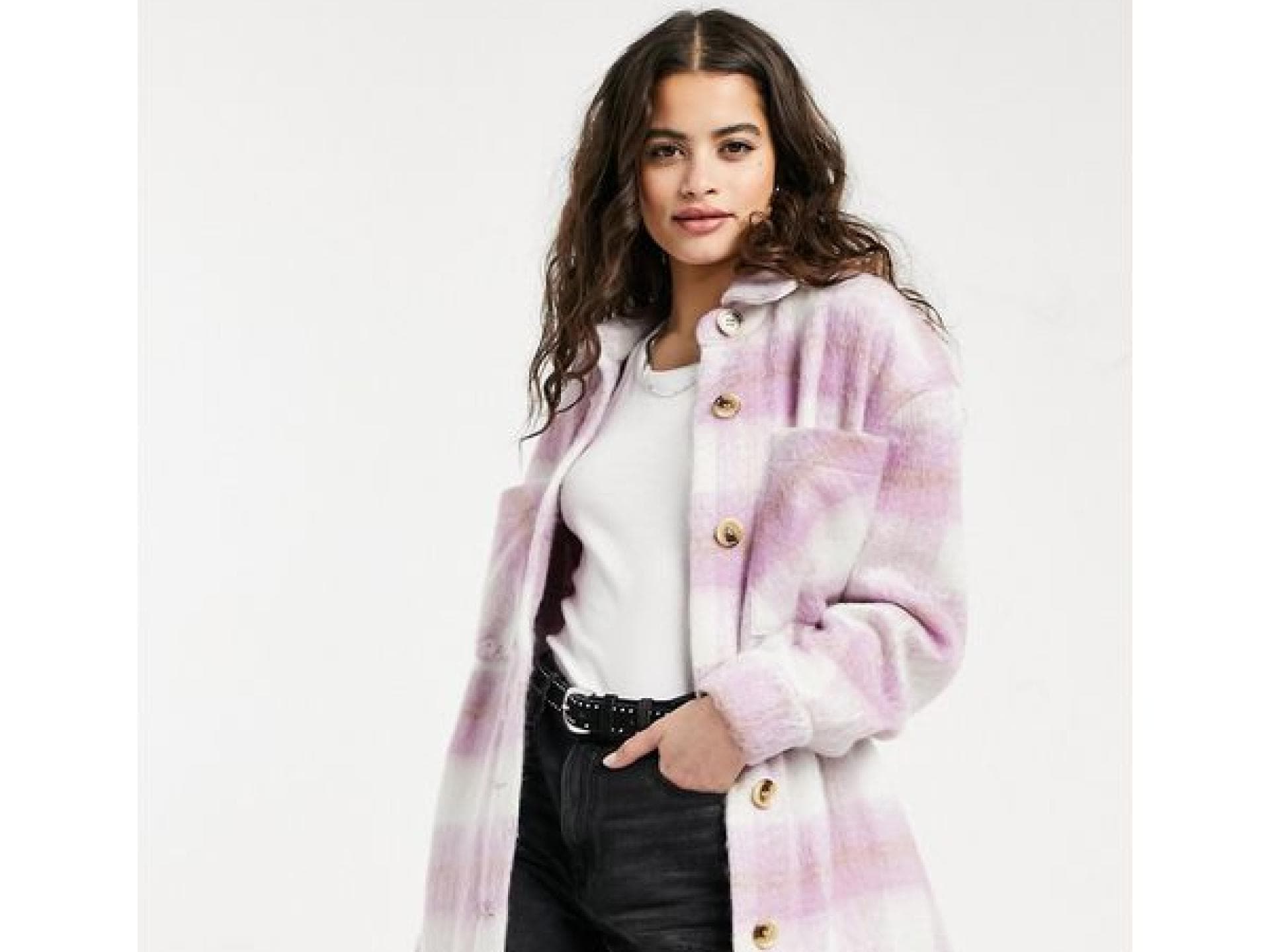Karierte Oversize-Hemdjacke in Flieder