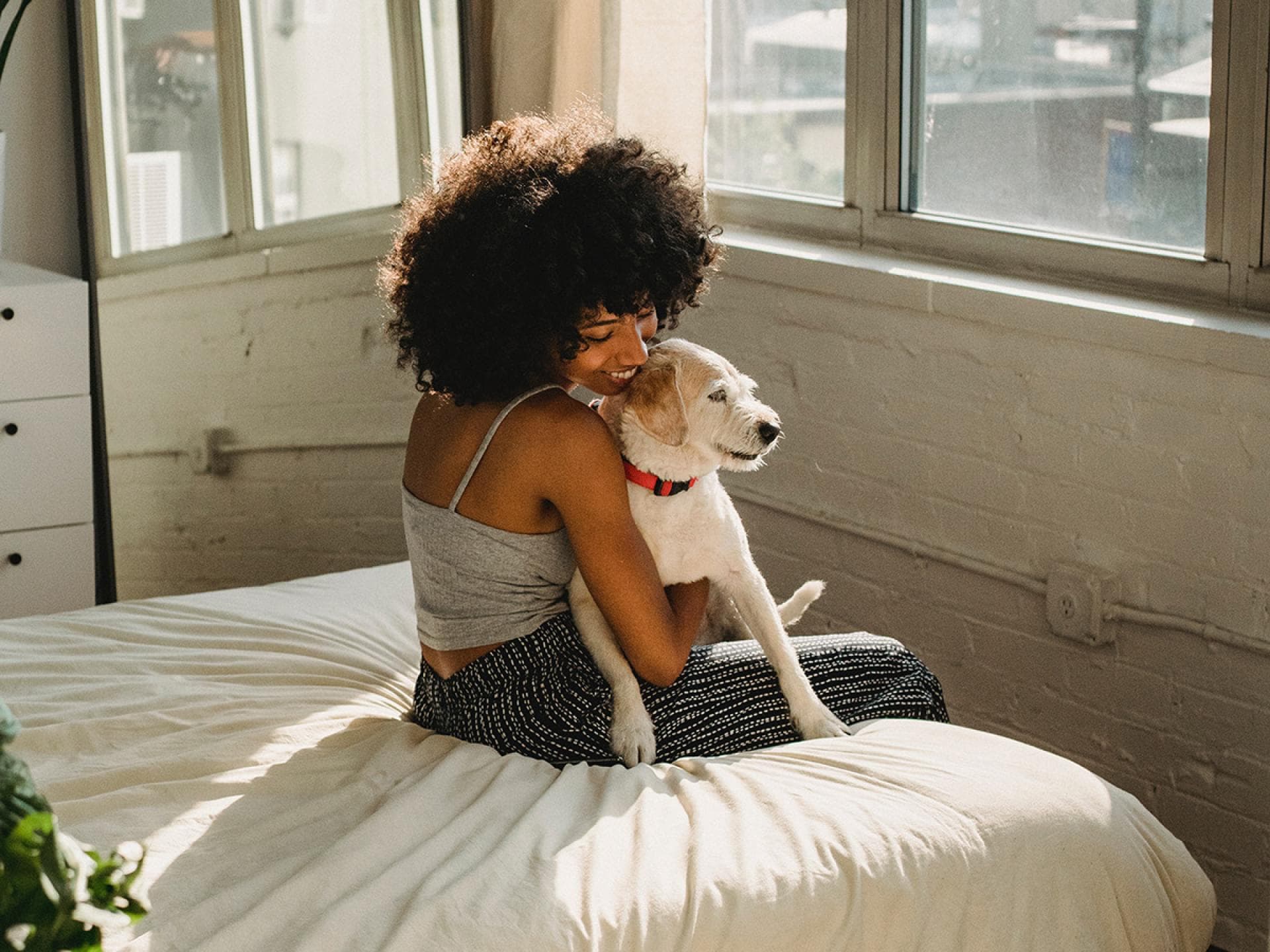 Frau mit Hund auf Bett