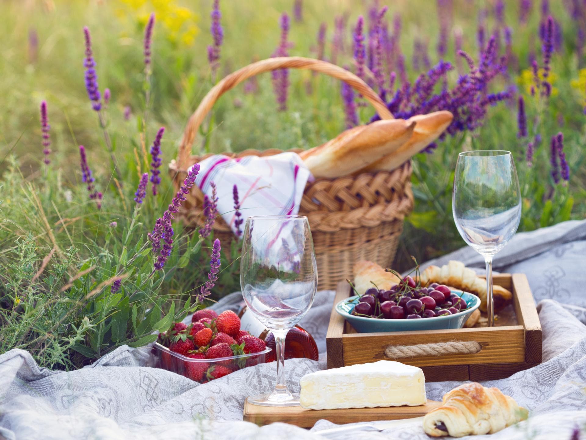 Picknickkorb mit Baguette, Käse und Wein 