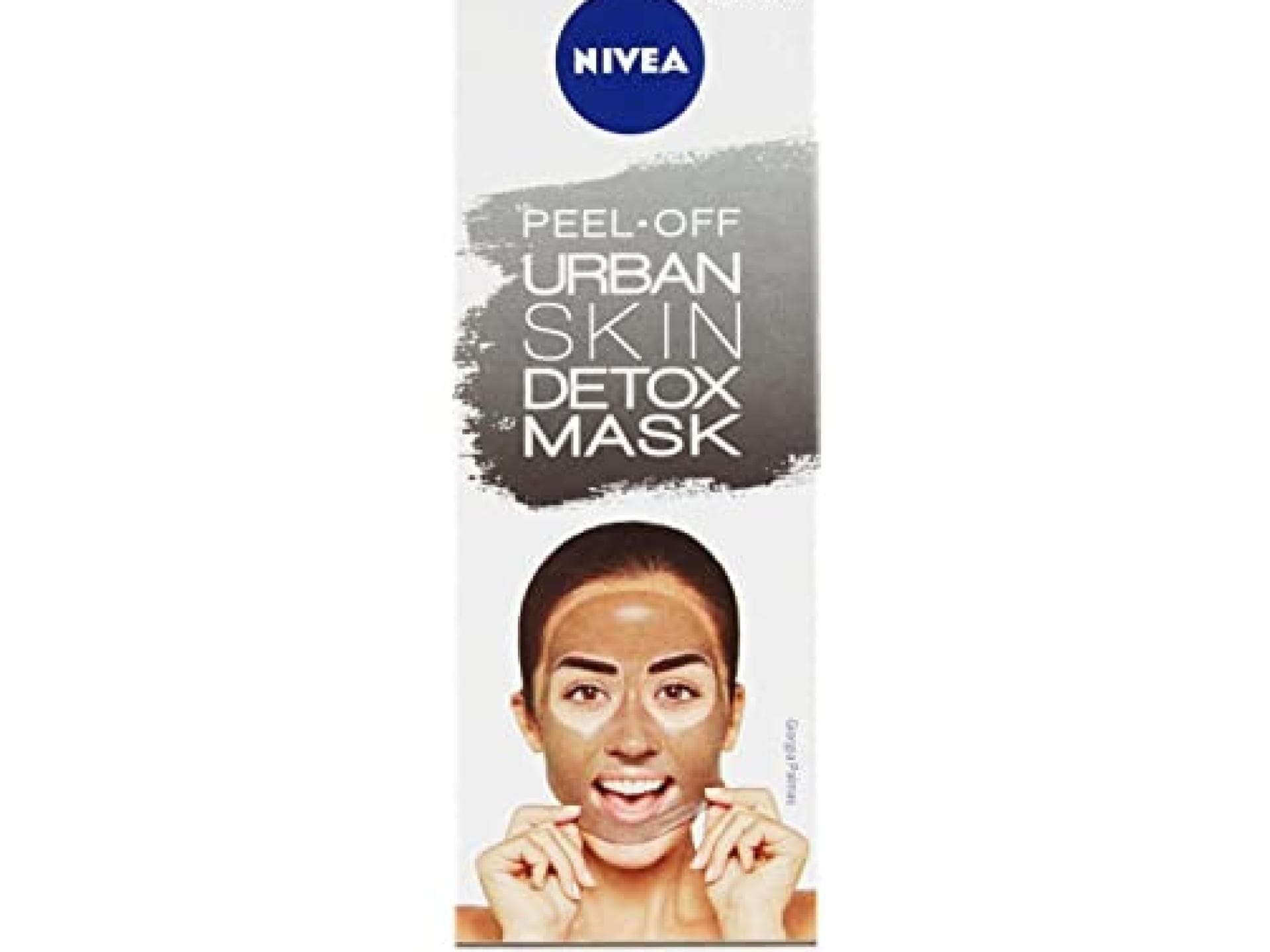 Verpackung der Gesichtsmaske mit lachender Frau, die Maske aufträgt