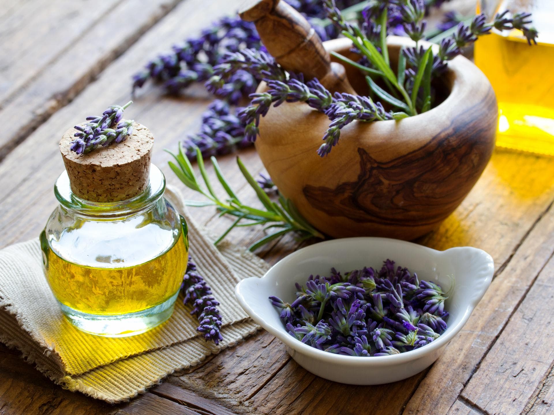 Schälchen mit getrocknetem Lavendel und Öl
