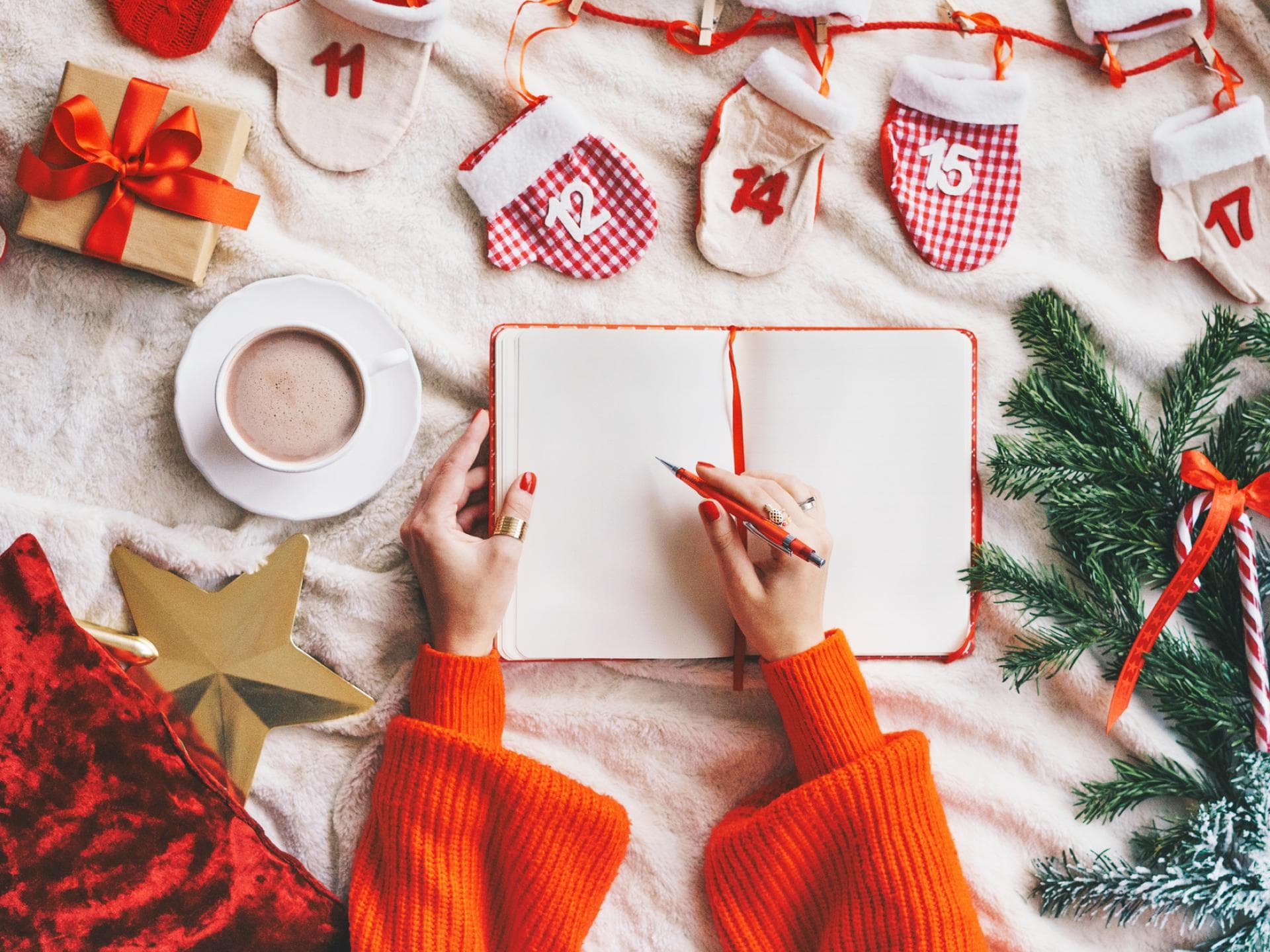 Person schreibt in weihnachtliches Buch