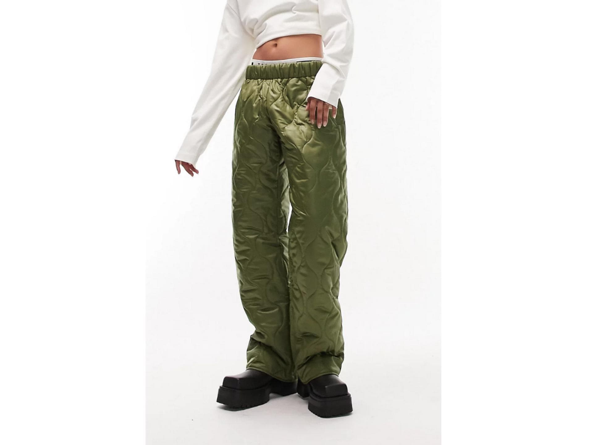 Wattierte, gesteppte Hose in Khaki von Topshop