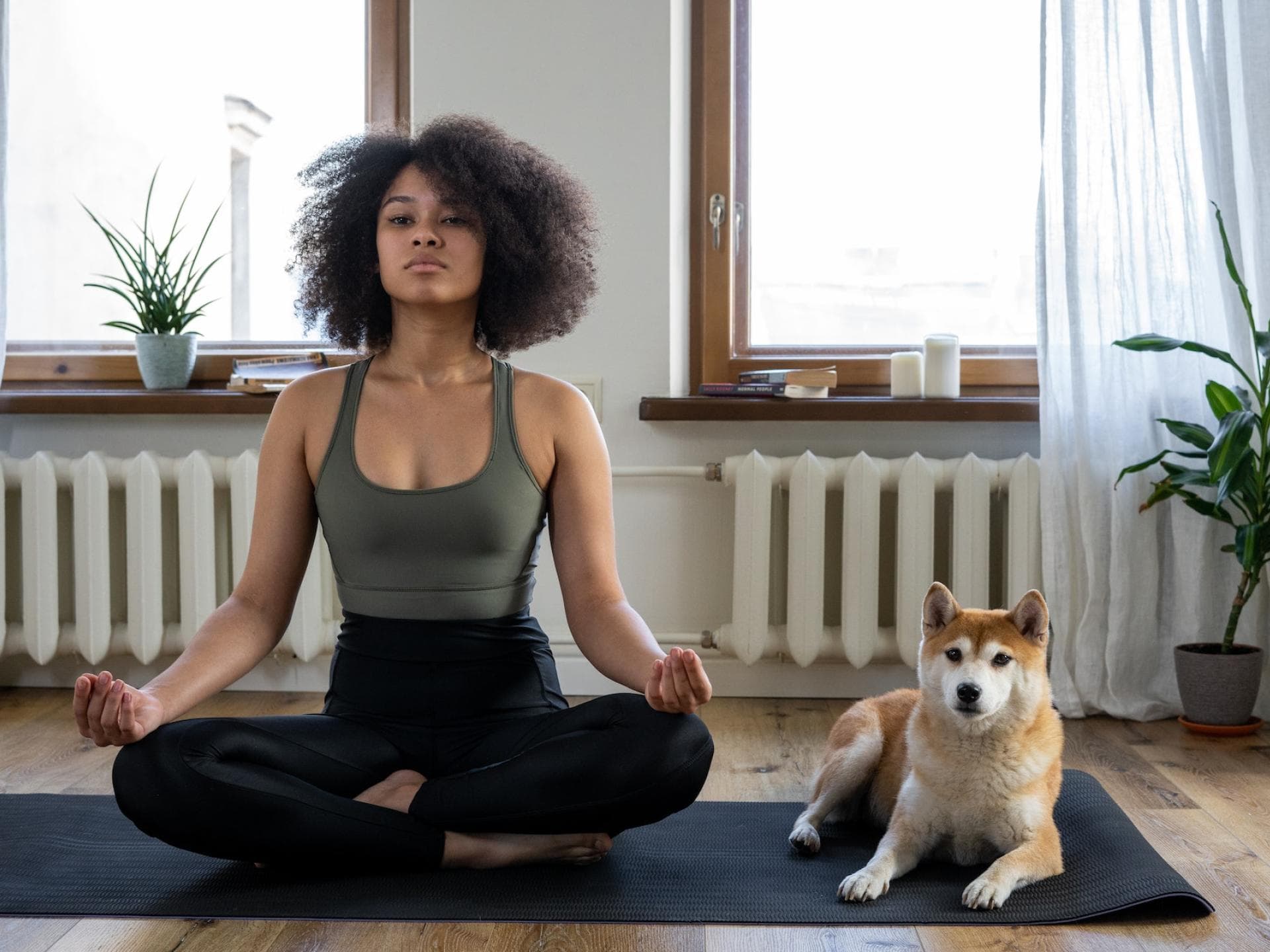 Frau farbig Yoga Hund