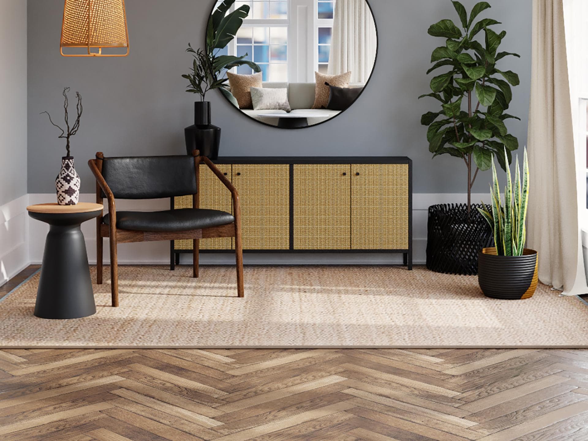 Wohnzimmer mit Holz und Schränken und Tisch