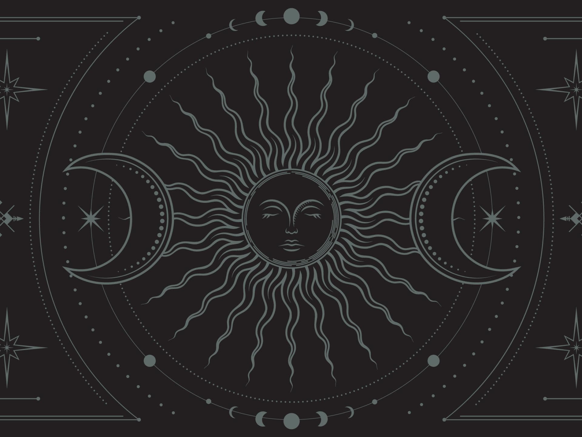 Vektor mystischer Boho-Hintergrund mit kunstvollem geometrischem Rahmen, magische Sonne mit schlafendem Gesicht