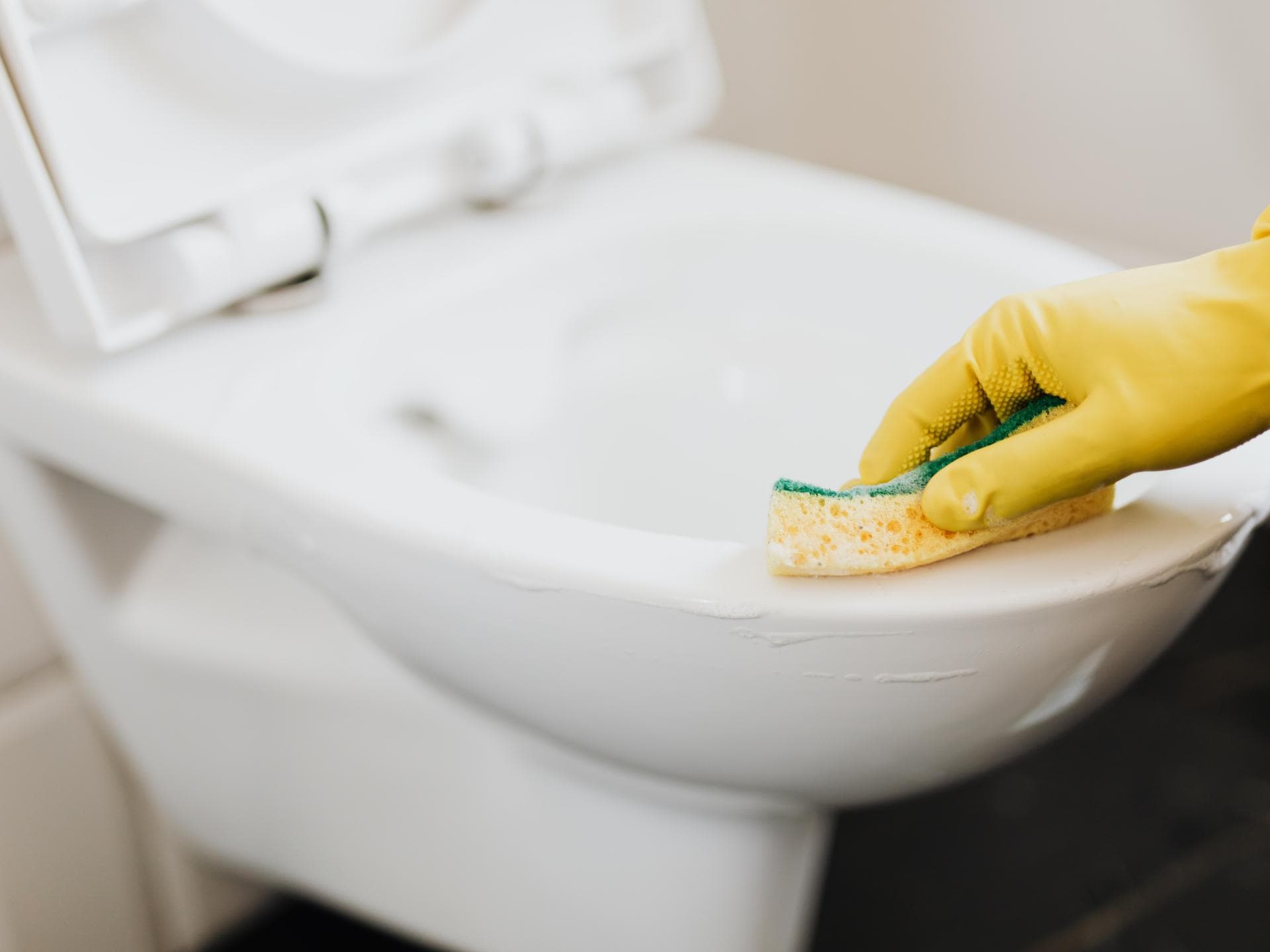 Person putzt eine weiße Toilette mit einem gelben Schwamm