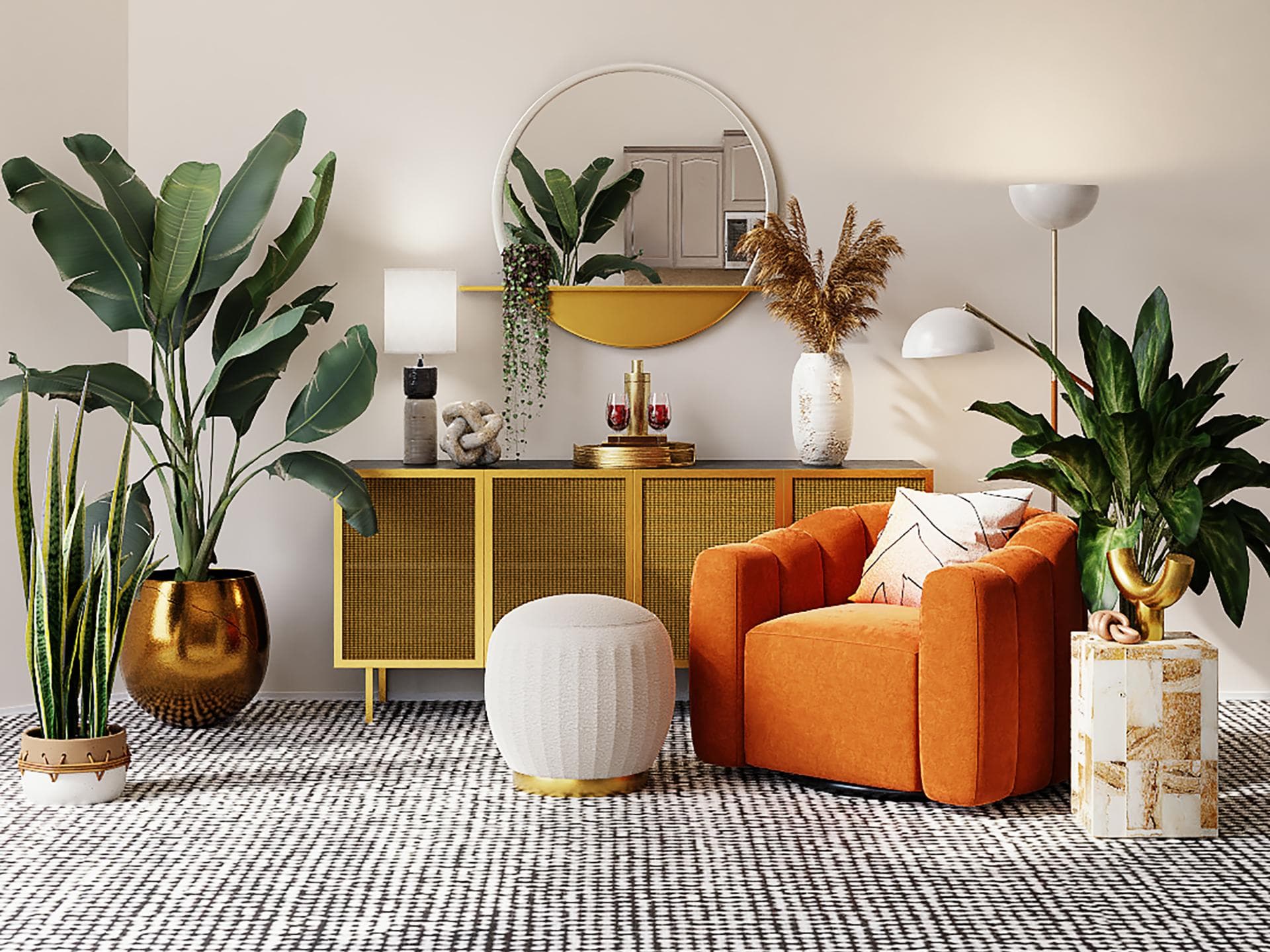 Deko-Ideen fürs Wohnzimmer zur Black Week Wohnzimmer mit Sessel, Kommode und Pflanzen