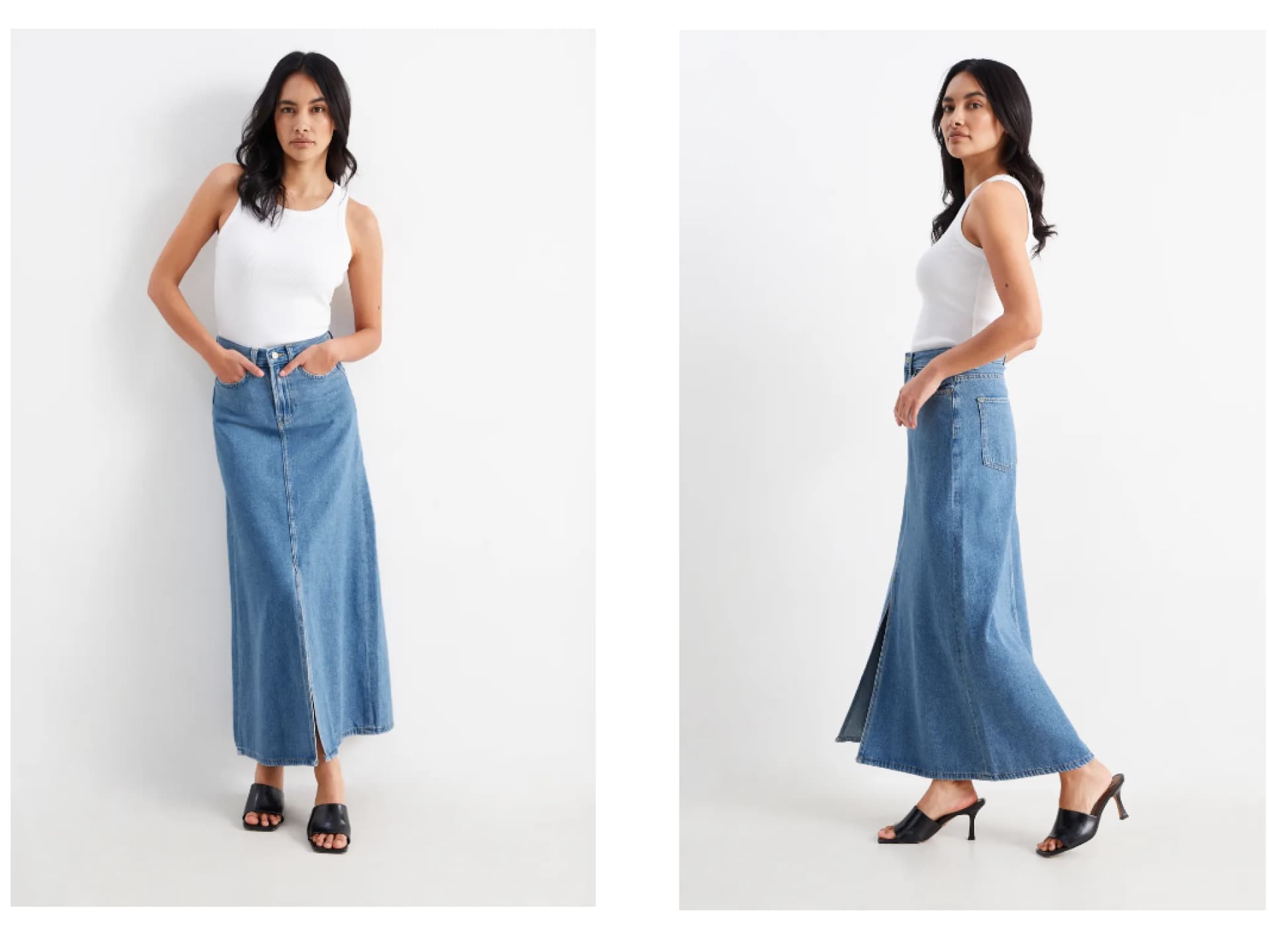 Frau trägt Maxi-Jeansrock von C&A