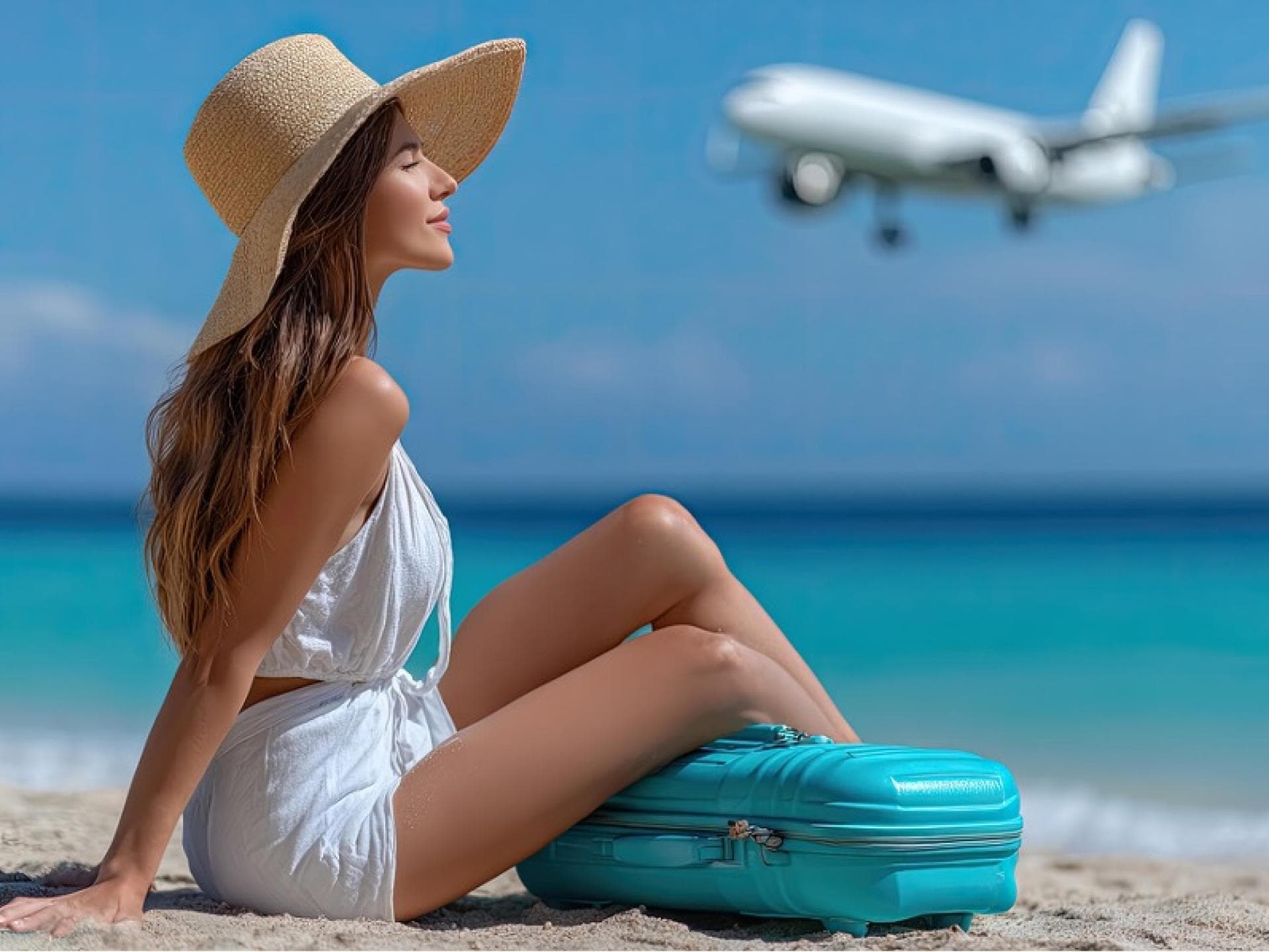 Eine junge Frau sitzt am Strand