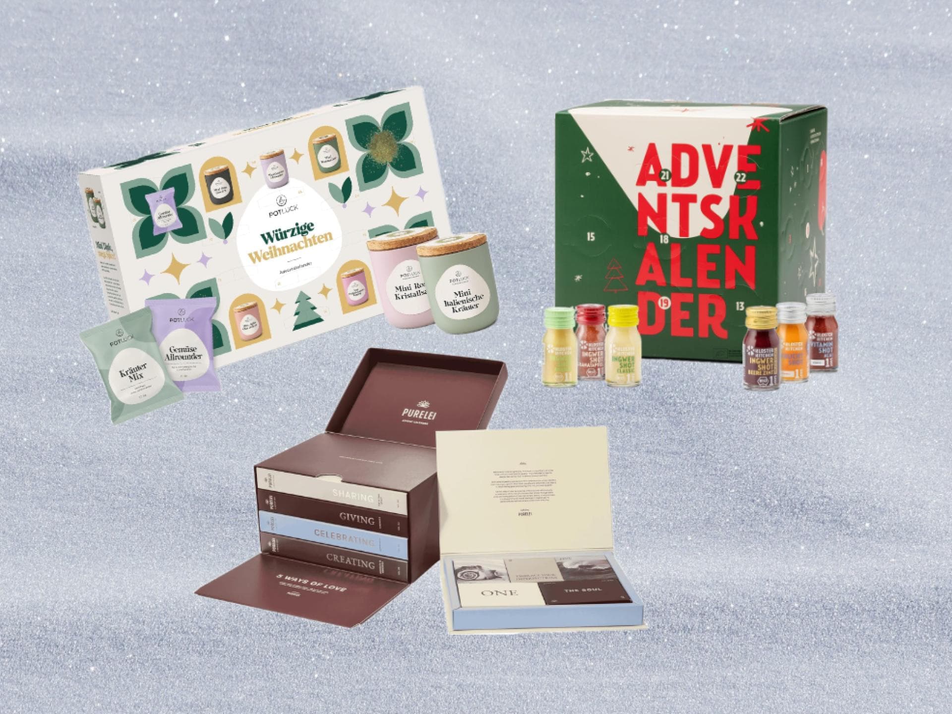 Adventskalender versüßen uns die Weihnachtszeit. Adventskalender von Potluck, Purelei und Kloster Kitchen auf einem weißen glitzernden Hintergrund.