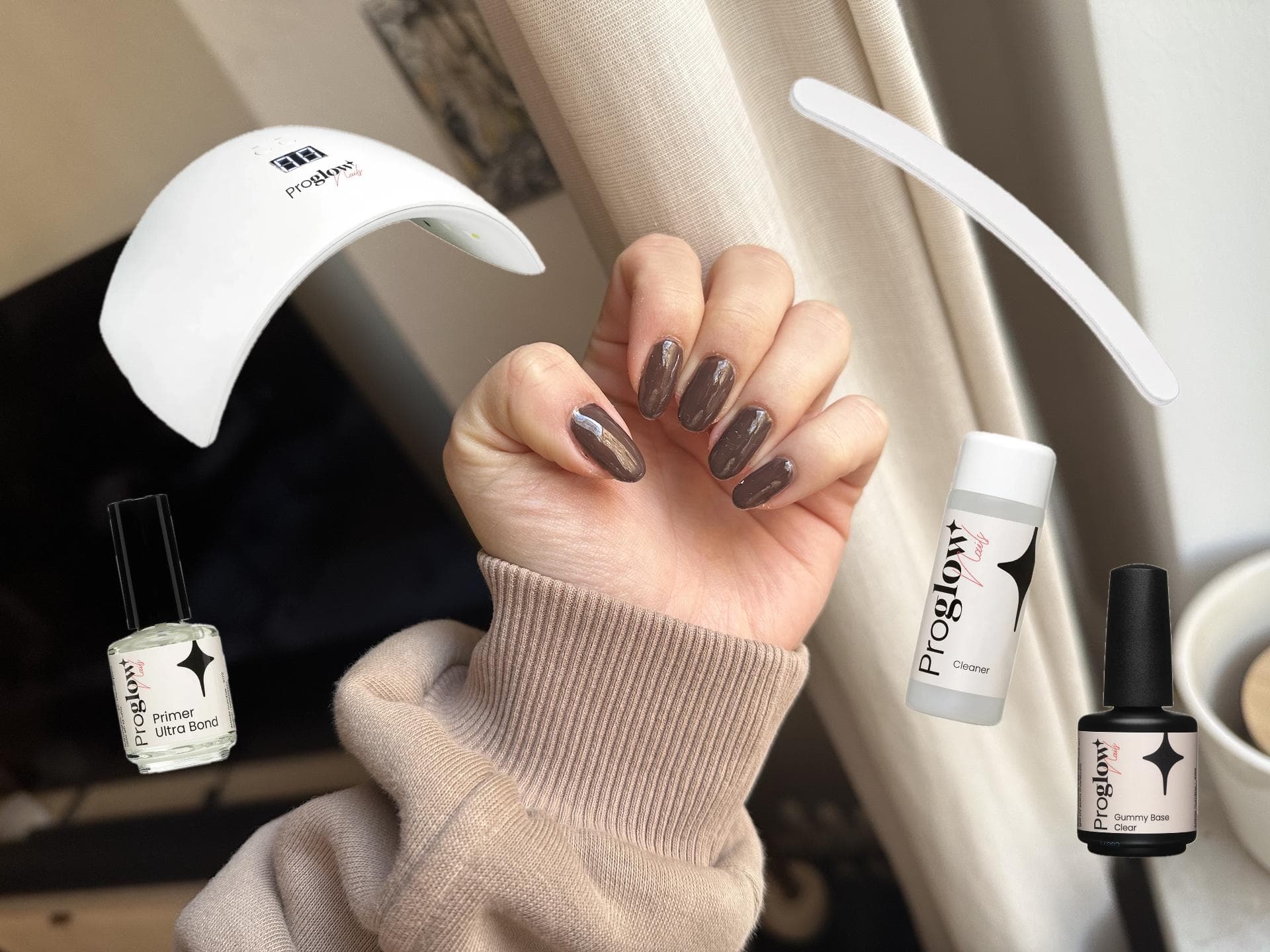 Die Produkte von Proglow habe ich zuhause getestet und mein Fazit gezogen. Collage einer Hand mit braunem Nagellack und Freistellern von Nagelprodukten.