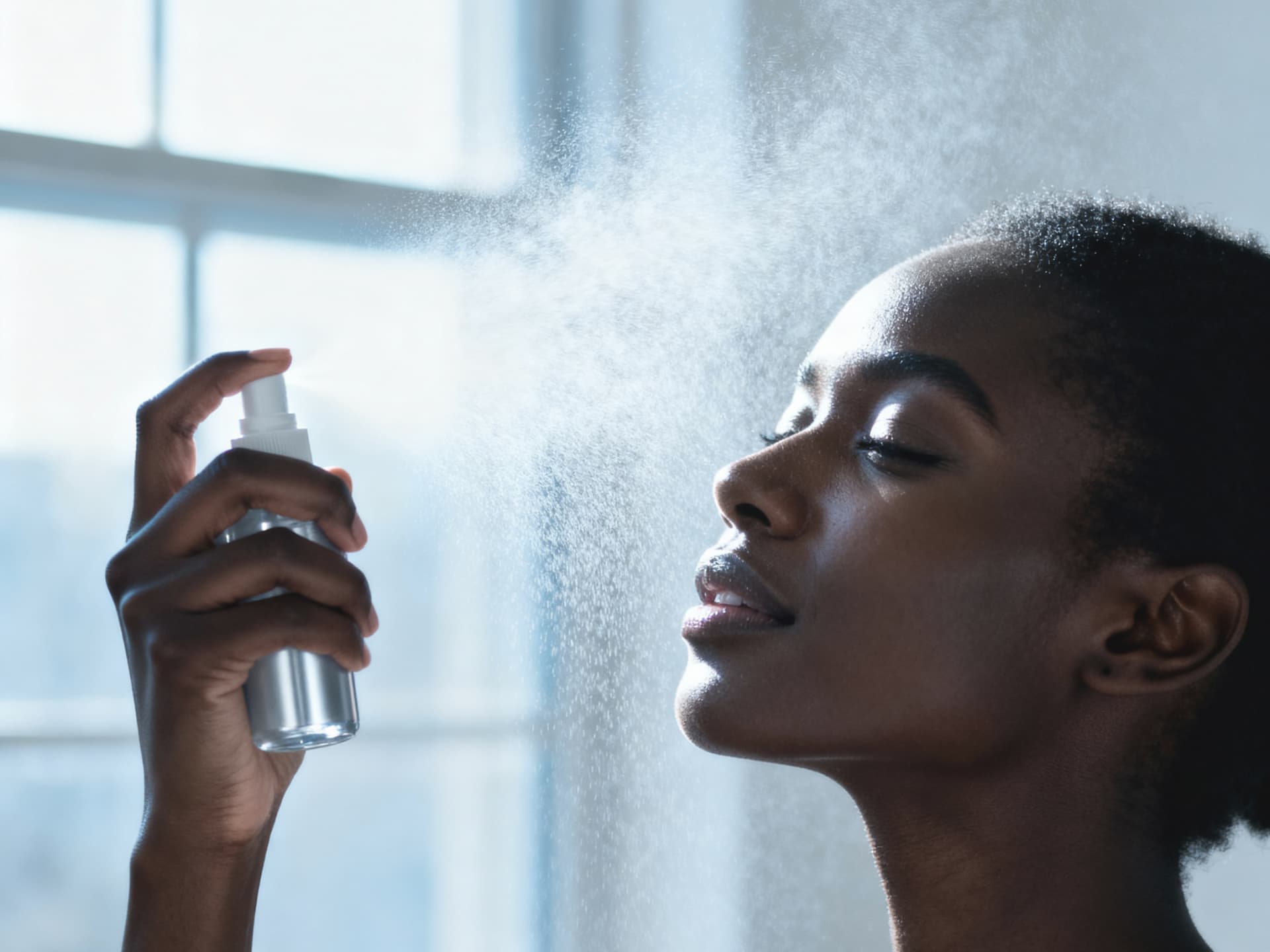 Frau sprüht Face Mist auf